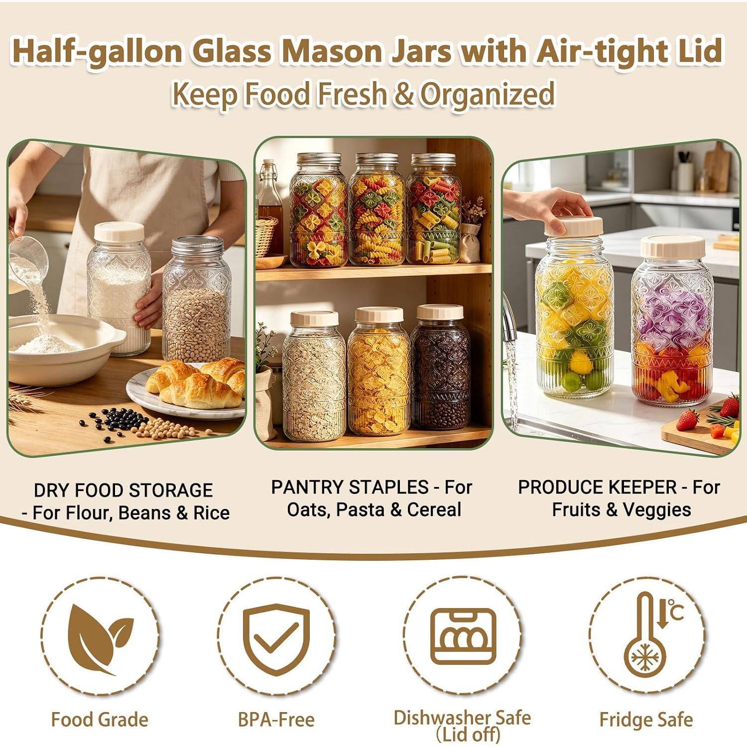 64oz Glass Mason Jars 1-Pack with Airtight Metal Split & Extra Plastic Lid | Half Gallon Wide Mouth Canning Jars, Large Glass Containers for Pantry Storage, Fermenting, Pickling, Cold Brew, DIY Projects