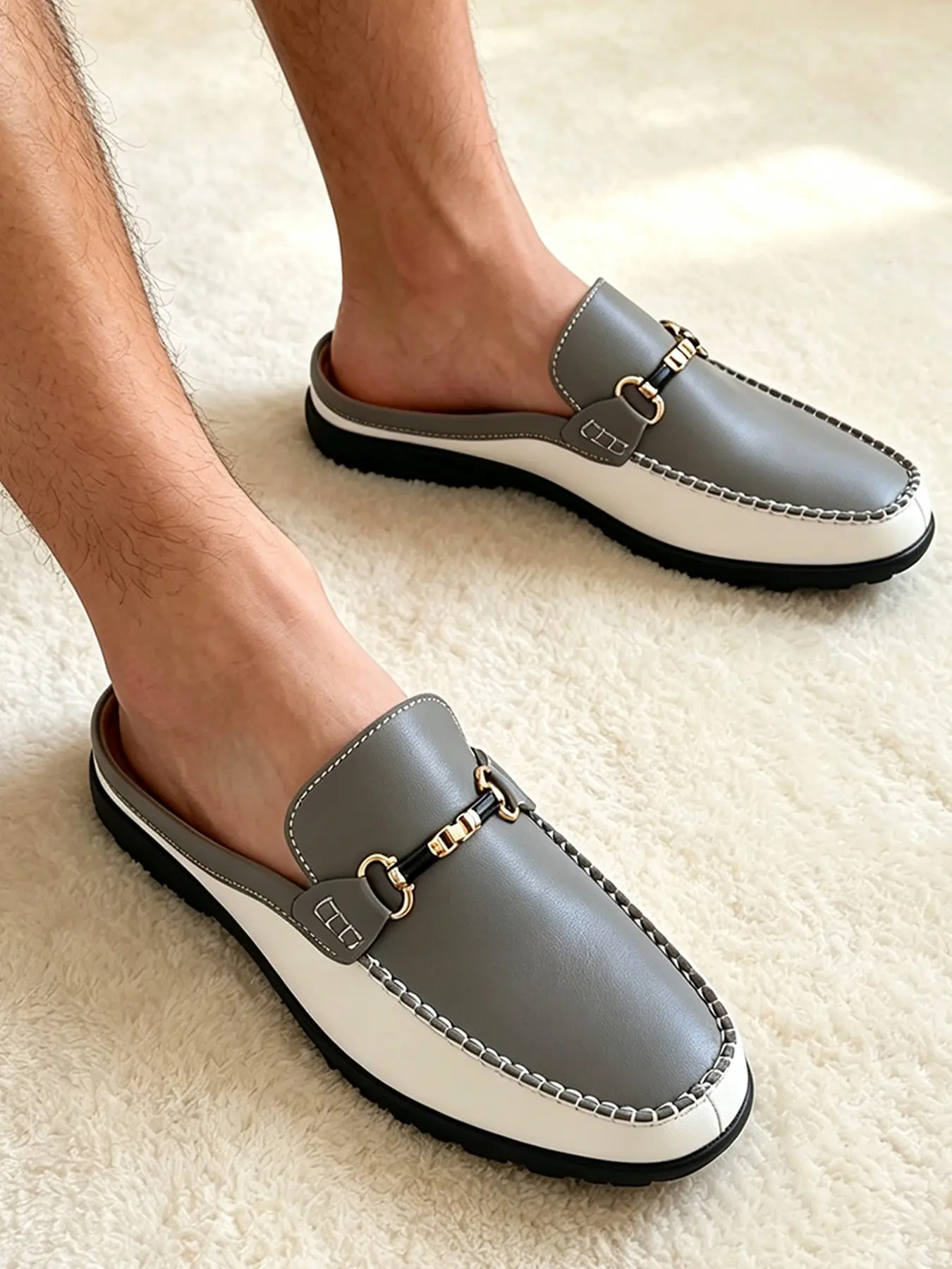 Summer Non-Pointed Toe Half Loafers for Men, Two-Tone Leather Backless Driving Mules, Metal Horsebit Decor Casual Slide Shoes Outdoor Daily Wear Footwear