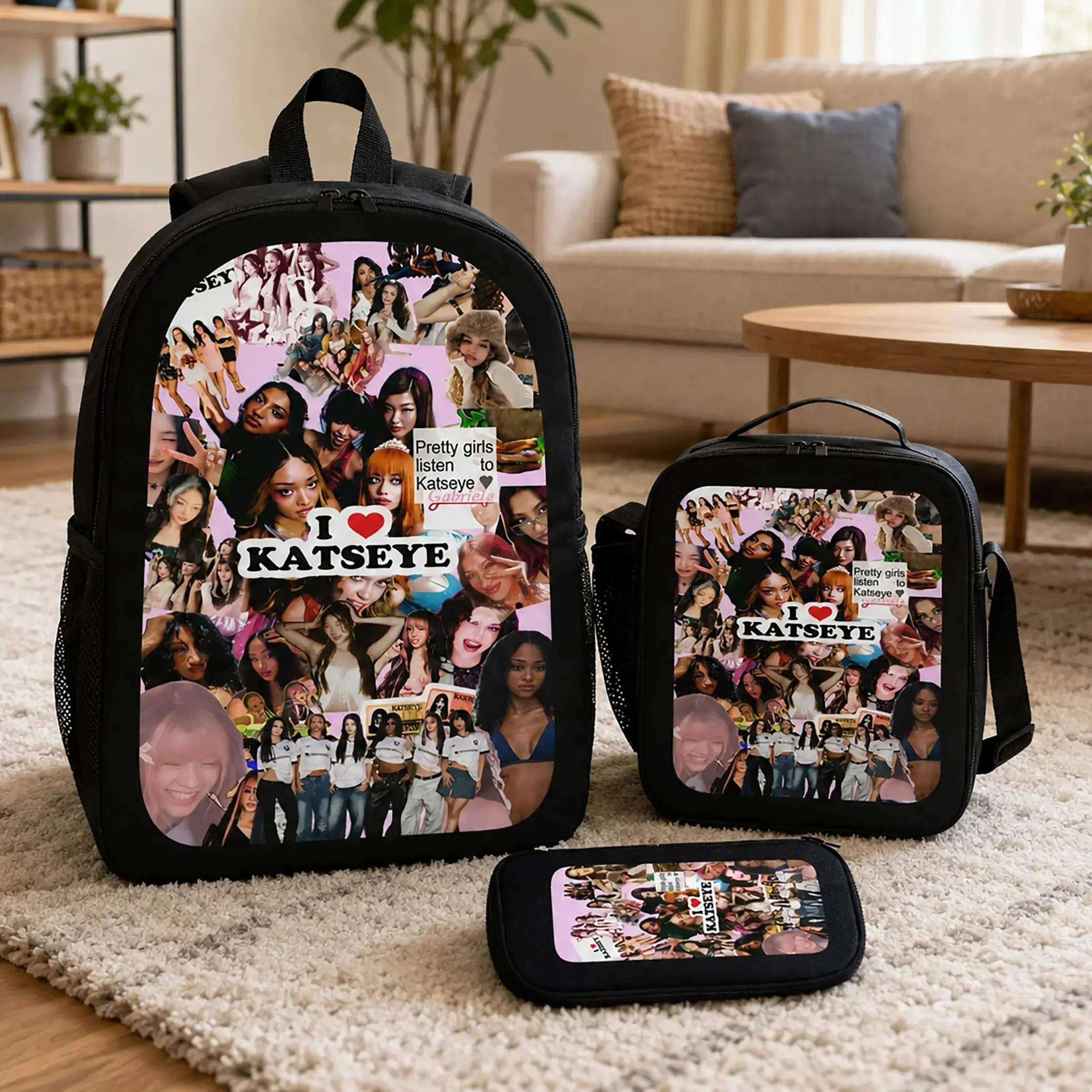 KATSEYE Backpack Set School Backpack Lunch Bag Pencil Case Kpop Merch KATSEYE Fan Gift Pop Idol Bookbag Aesthetic For Girls Boys Teens Women Students Travel School Daily Carry TikTok Viral Trending Cute Fashion Accessories Back To School Essentials