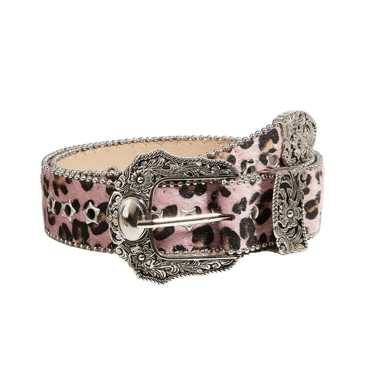 Women's Pink Leopard Print Y2K Faux Leather Western Belt - Funky Belts for Women with Star Grommets, Engraved Buckle for Dresses, Blazers - Alt Fashion Aesthetic Accessory