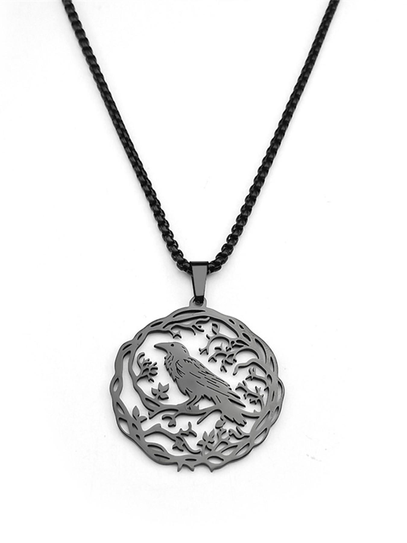 Hollow Crow Raven Birds Pendant Necklace Women Men Stainless Steel Black Color Love Flower of Life Knight Chain Gifts