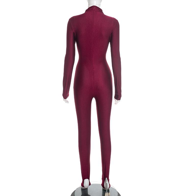 Women's Shiny Satin High-Neck Footed Jumpsuit, Long Sleeve Fitted Bodycon Jumpsuit, Nightclub Streetwear Sexy