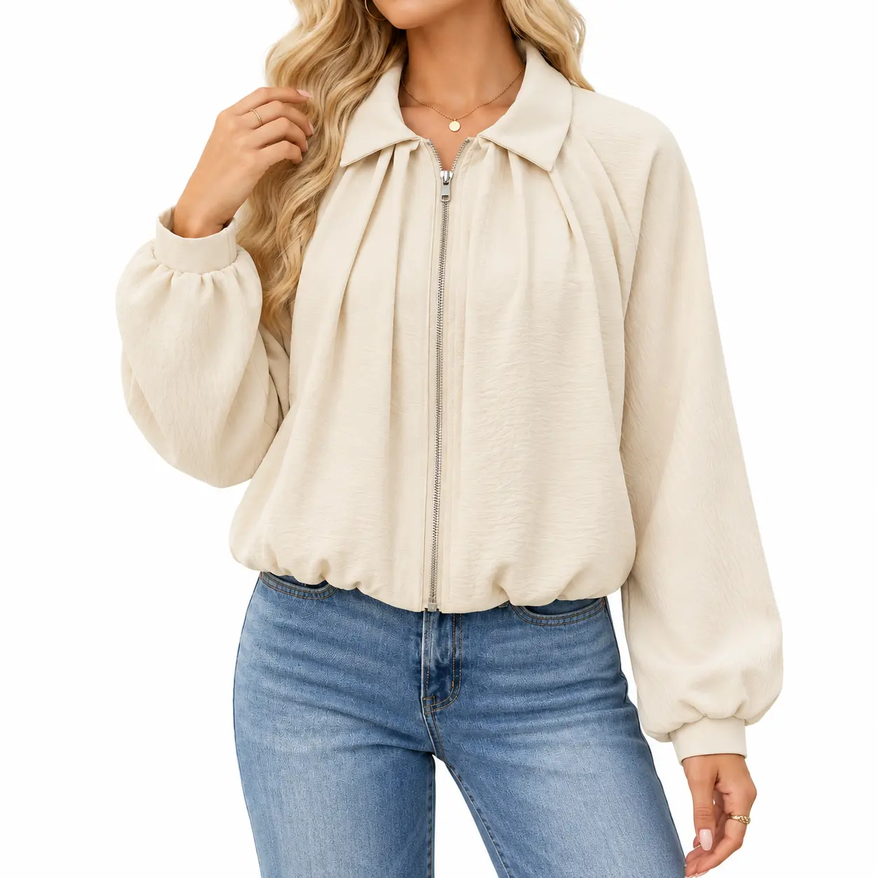 Women's Textured Surface Polyester Collared Zip-Up Short Length Jacket - Long Sleeve, Relaxed Cut, Pleated Detail, Gathered Hem, Casual Bomber Style Outerwear for Spring Fall Travel, Commute (Cold Wash Friendly)