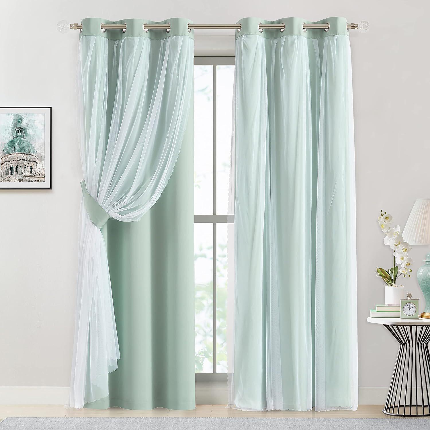 French Romantic Aesthetic Two-Layer Cloth Light-Blocking Finished Product Curtain, Fashionable Hole Drapery for Living Room, Stylish and Trendy Window Covering