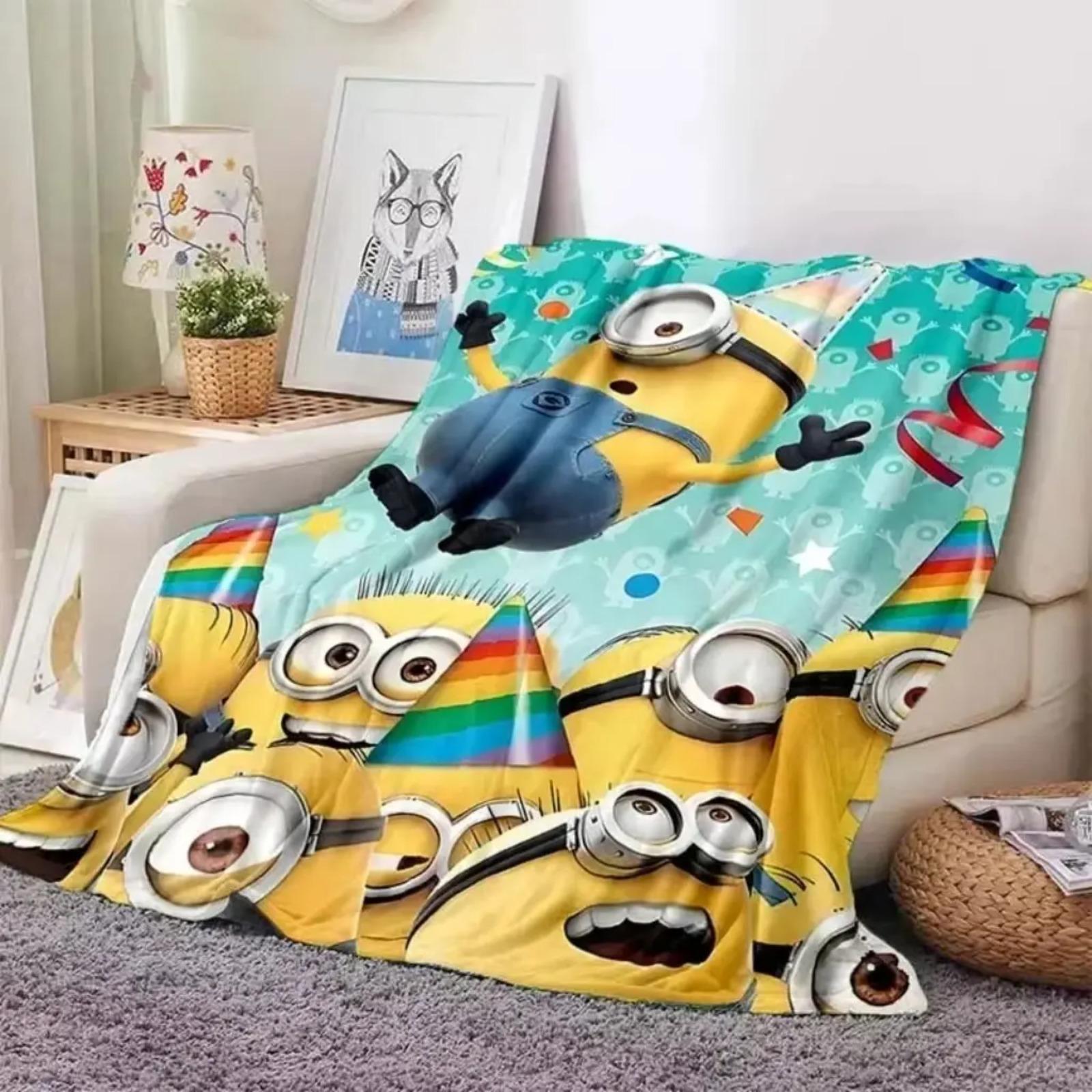 Cute Minions Printed Flannel Blanket 6 Sizes Soft Cozy Lightweight AC Throw Blanket Kids Adults Sofa Bed Bedroom Living Room Outdoor Travel Cartoon Bedding Movie Night Home Decor Gift Halloween Christmas Birthday Viral Blanket