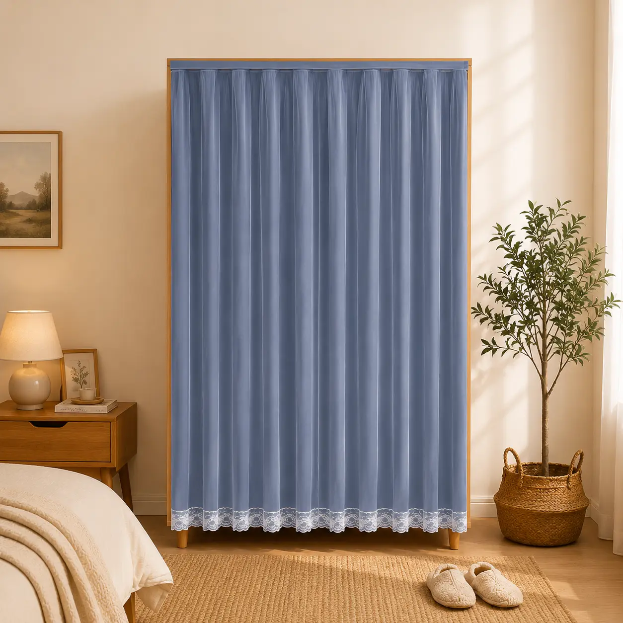 Blackout Closet Curtain with Sheer Layer, Privacy Cover for Wardrobe, Open Closet & Storage Cabinet, No-Drill Installation