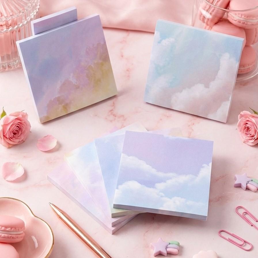 8pcs/set Cloud Series Self-Adhesive Sticky Notes, 400 Sheets, Square Shape, Romantic Sky Pattern, Strong Adhesion, Ideal for Diary and Reminders
