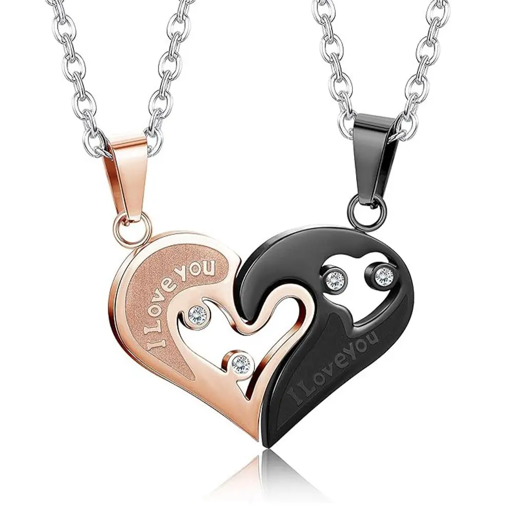 His and Hers 2-Piece Stainless Steel Heart Puzzle Matching Couples Necklace Set, Love Pendant Jewelry, Ideal Gifts for Anniversary Sohochic
