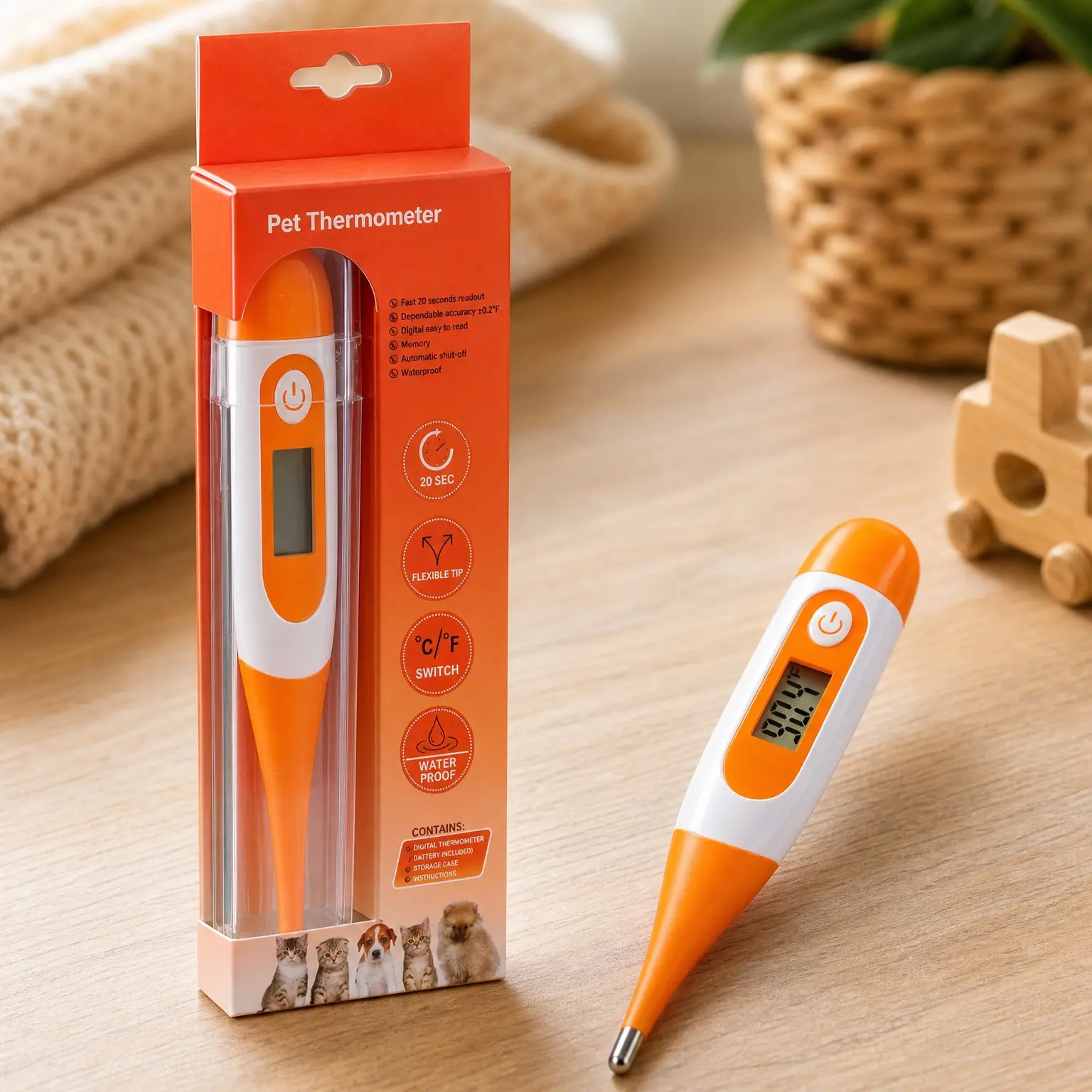 Digital Pet Thermometer for Accurate Fever Detection in Cats, Dogs & Horses – Waterproof Veterinary Thermometer with Fast 20-Second Readings (Orange)Gift