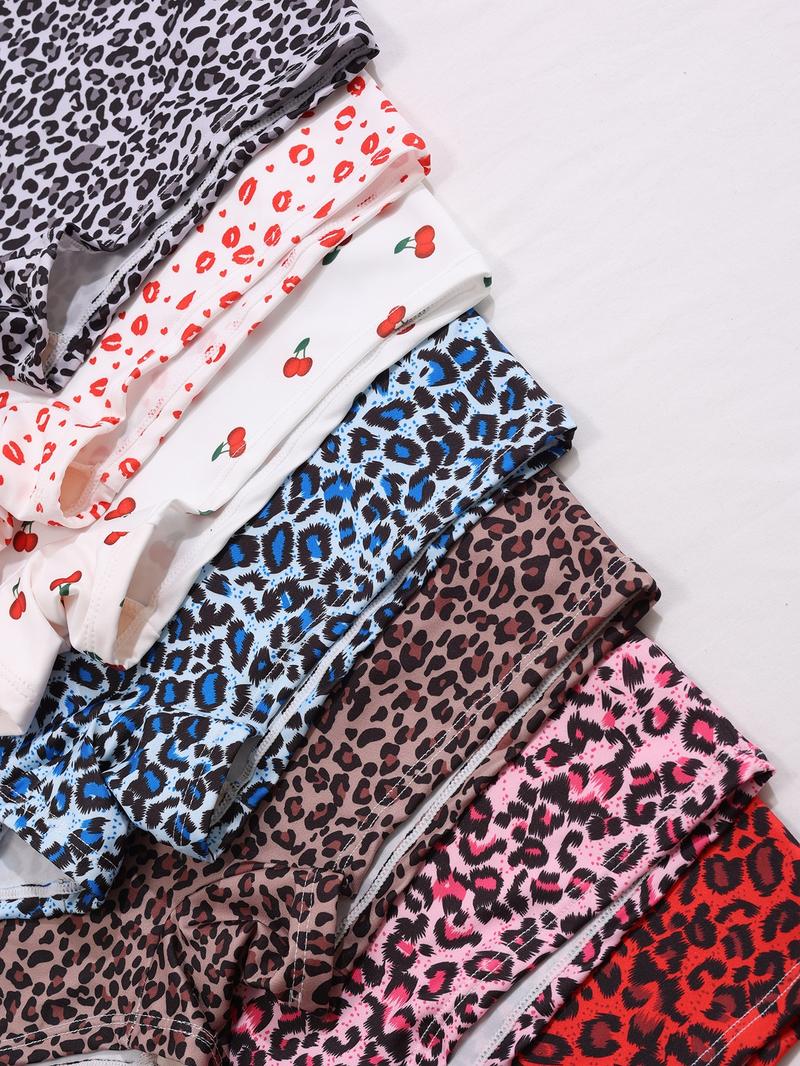 Women's Leopard & Cherry & Lip Print Boyshorts, Soft Comfy Breathable Panty for Daily Wear, Underwear for All Seasons, Casual Breathable Knicker