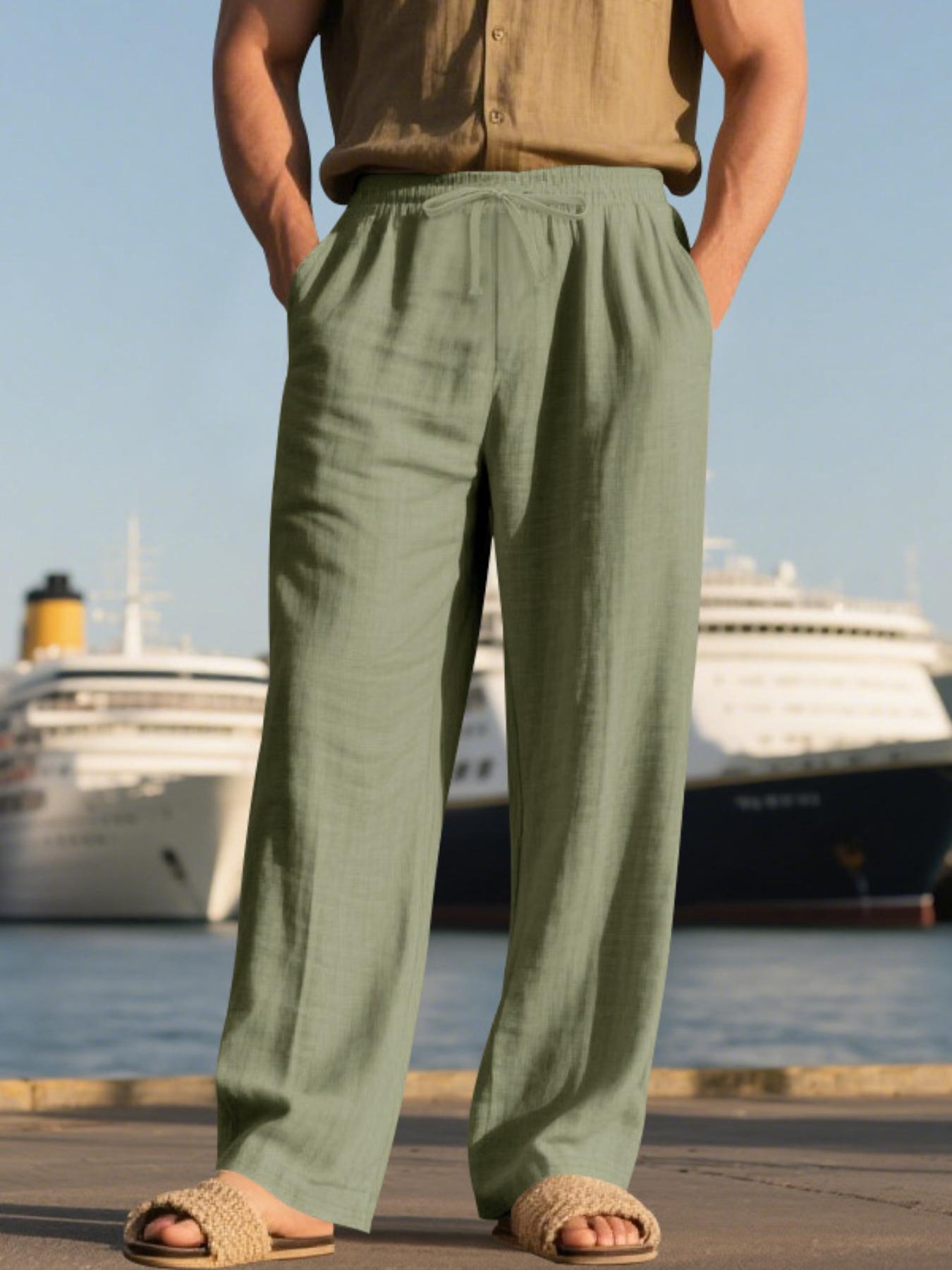 Men's summer linen long pants, in a relaxed and loose fit, suitable for daily wear, with breathable and comfortable fabric, suitable for hot weather, fashionable men's linen beach pants, trendy and simple linen straight-leg pants