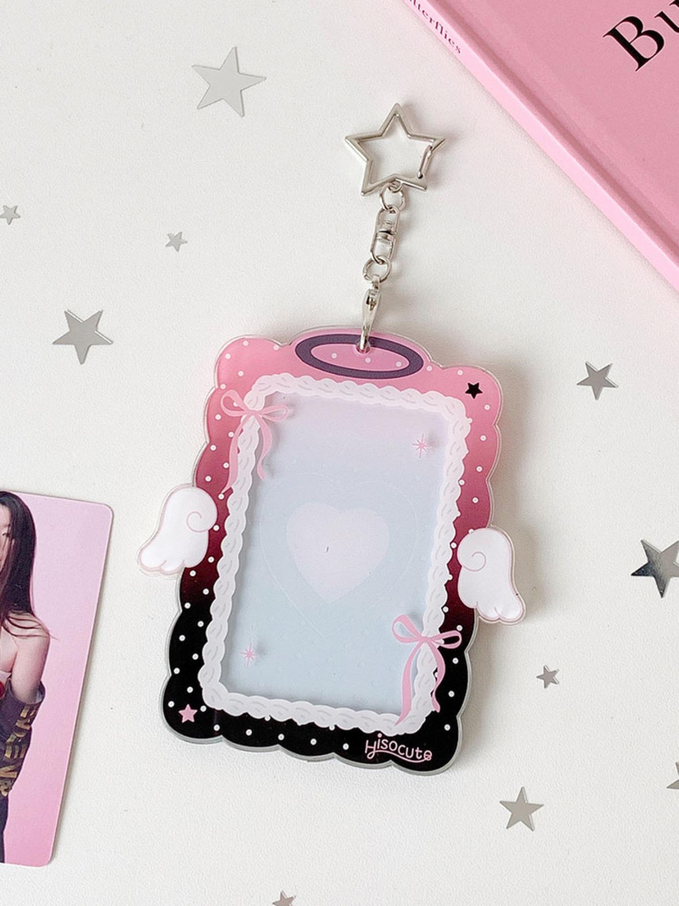 Sweet Girl 3 Inch Angel Wings Keychain Card Holder, Student Hollow Out Visible Small Card Display Case, Idol Fan Accessory, Id Holders For Badges, Id Badge Holder, Badge Accessories