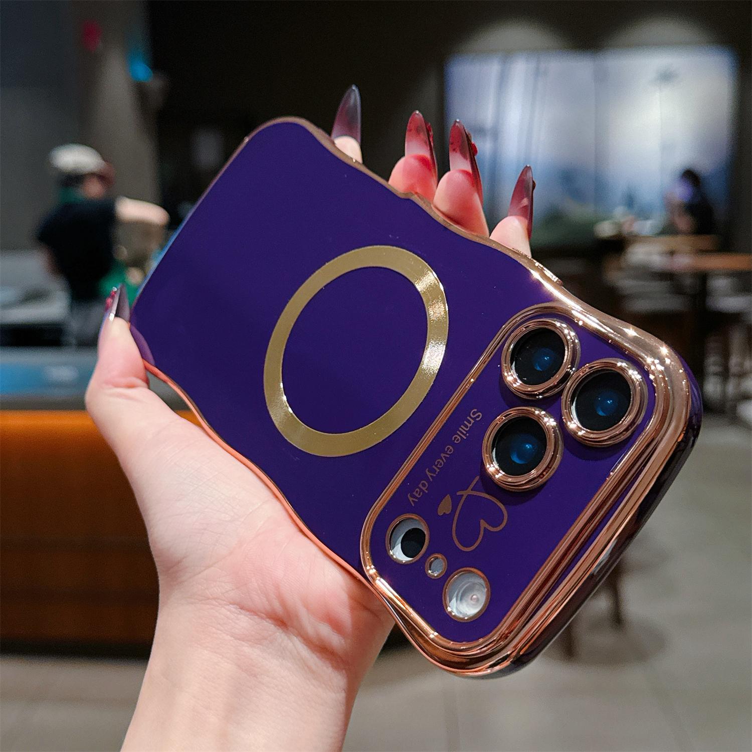 For iPhone 17 Pro Max 16 15 14 12 Case Magnetic,for Women Girls Soft Cute Wave Frame Curly Shape Love Heart Luxury Plating Phone Case Compatible with MagSafe Shockproof Back Cover