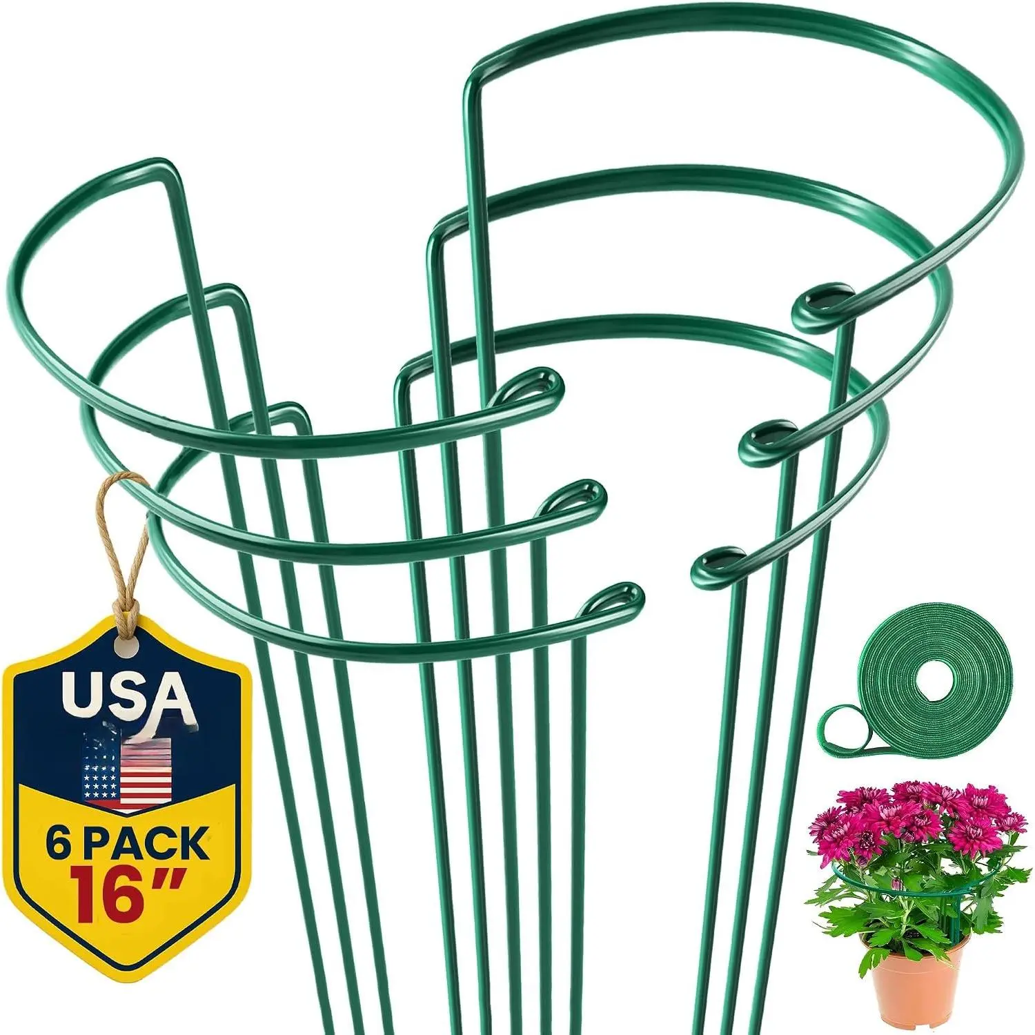 Tall  Support Stakes for Indoor and Outdoor - Peony Cages and Supports -  Cage Ring for Potted Flower - Peony, Tomato, Hydrangea, Rose Bush 10" W x 16" H (6 Pack)