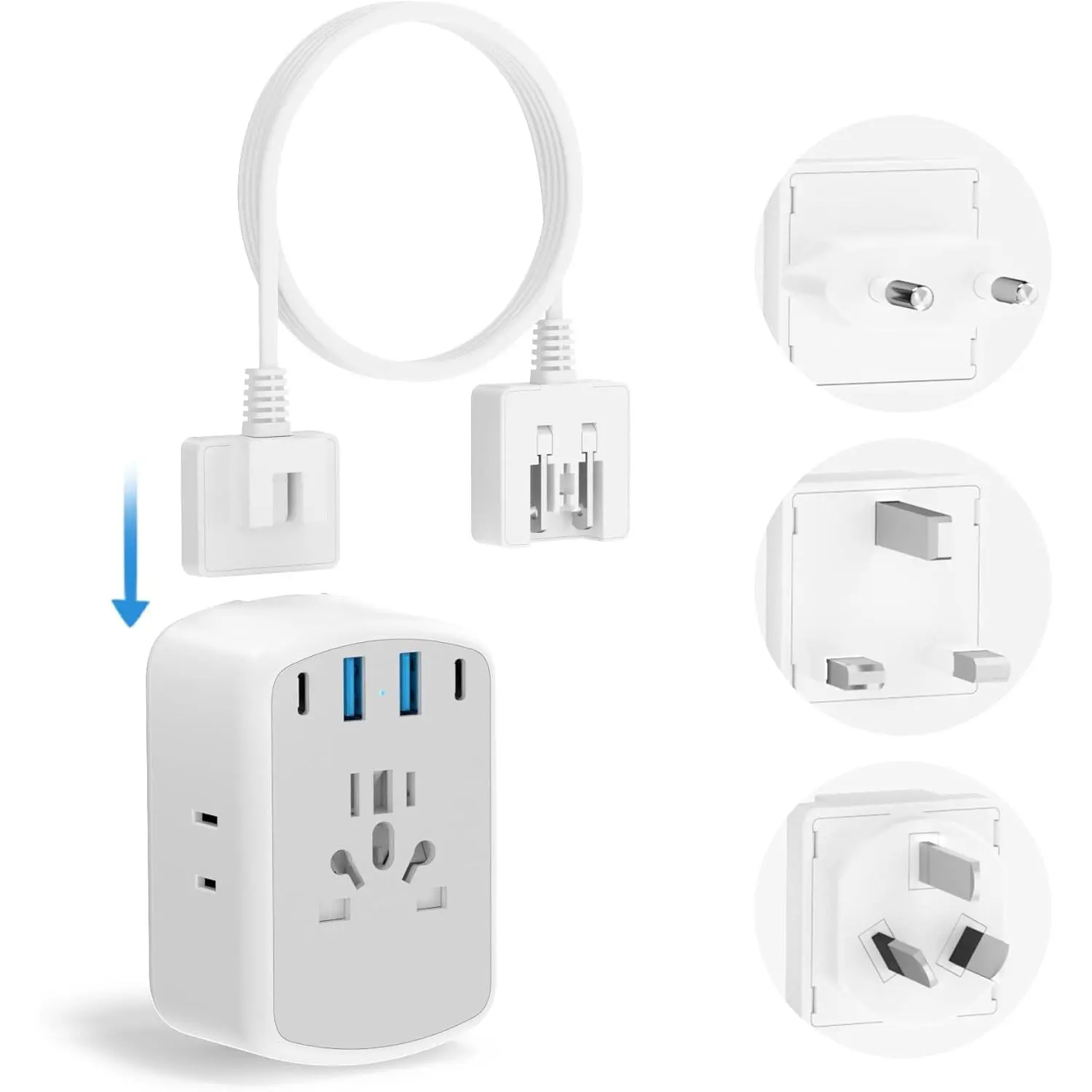 Travel Adapter, Type A/C/G/I Plug Adapter, 5ft Detachable Extension Cord, 3 AC Outlets, 4 USB Ports (2 USB C), UK   International Power Adapter