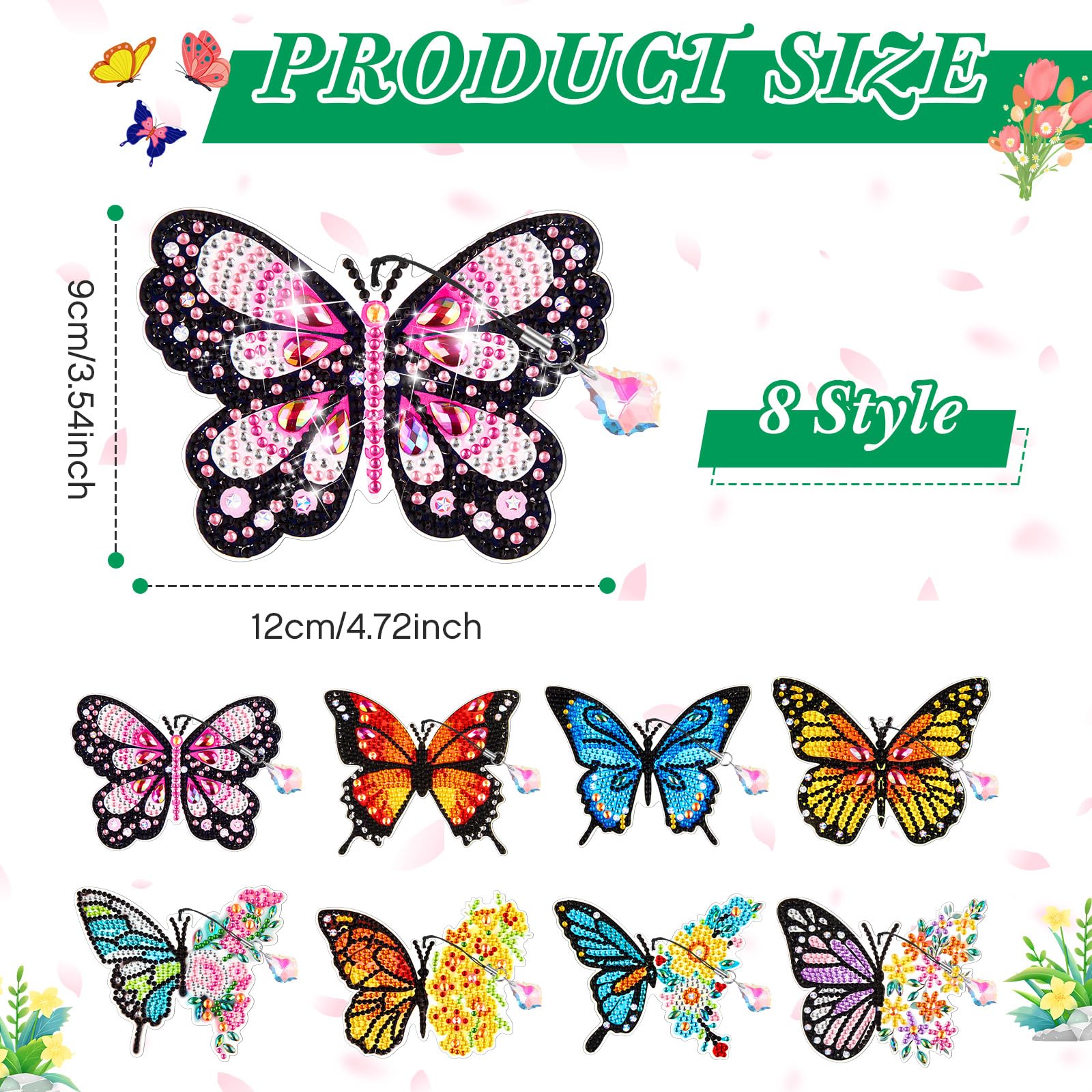 8-piece 5D diamond art bookmark kit, Sparkling Finish, DIY butterfly pattern diamond painting bookmarks, includes tool kit and free pendant, handmade bookmark making kit, suitable for reading enthusiasts