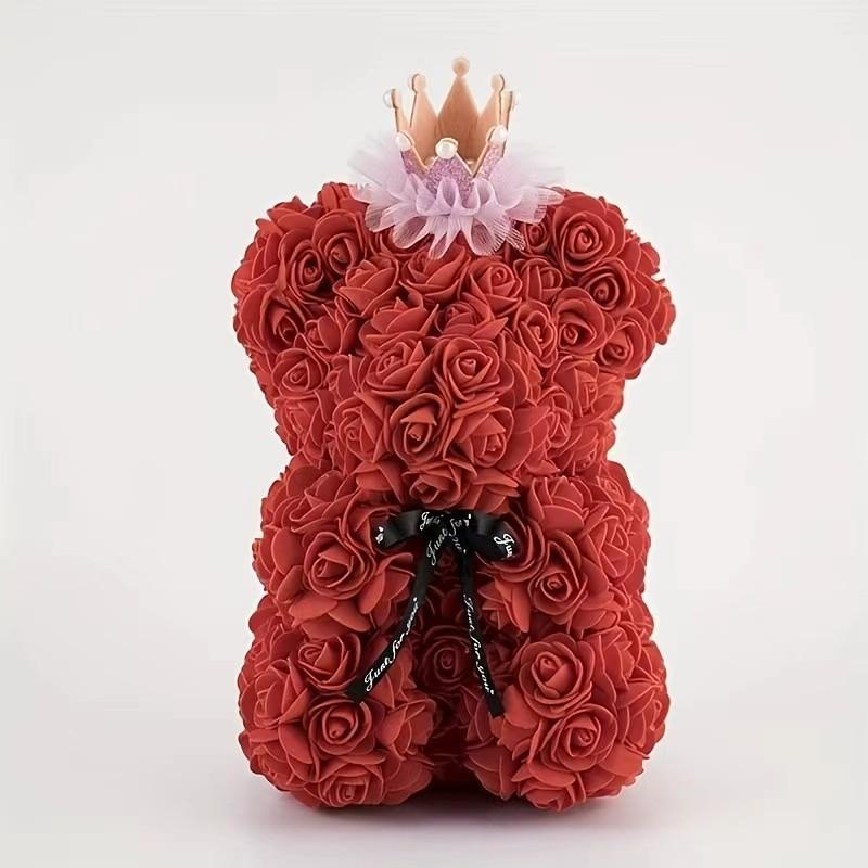 Rose Bear Crown Teddy Bear 23cm, Realistic Rose Flower Bear, Valentine's Day Gift for Girlfriend, Mother's Day, Christmas, Birthday, Decorative Collectible Gift