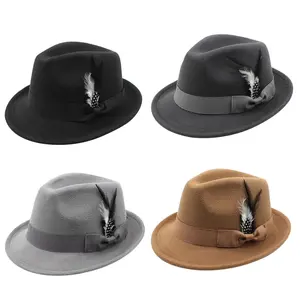 Classic Fedora Hats for Men Women Short Brim Felt Feather Hat Panama Dress Hat Adjustable
