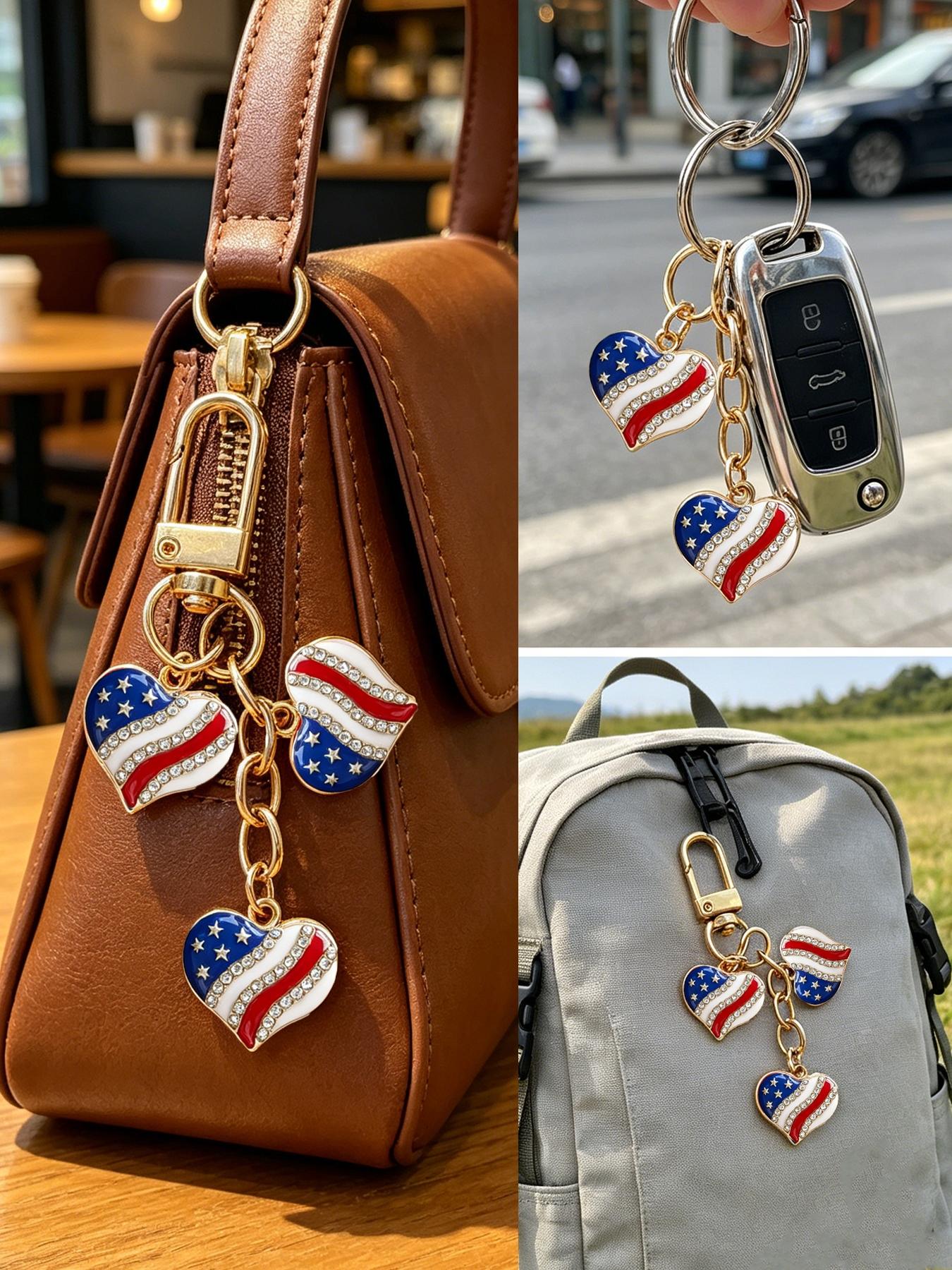 Patriotic heart-shaped keychains decorated with stars, hearts and other patterns. Heart Design Keychain Ideal as party favors, holiday gifts and decorative jewelry for Independence Day parties.