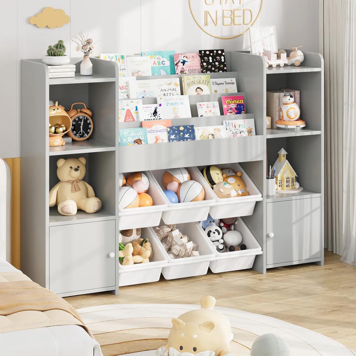 FOTOSOK Toy Storage Organizer with 6 Toy Bins, Toy Organizer Kids Bookshelf with 6 Cubbies, Multifunctional Floor Storage Chest for Playroom