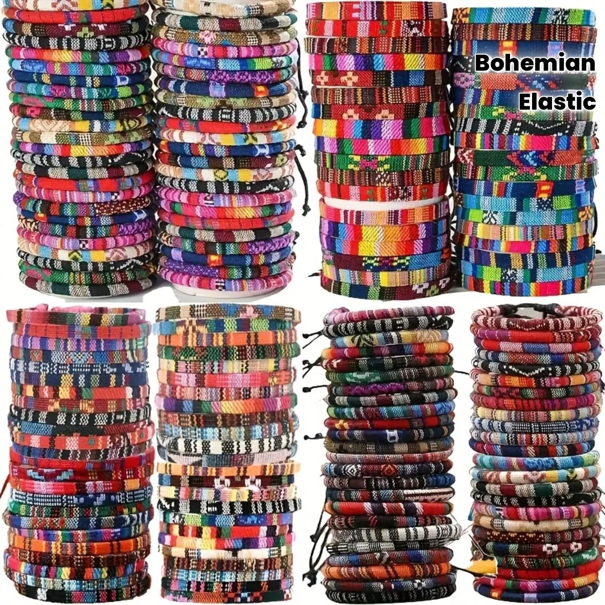 Bohemian Style Striped Elastic Wristbands - 48pcs Stretchable Costume Jewelry Bracelets for Christmas, Teenagers