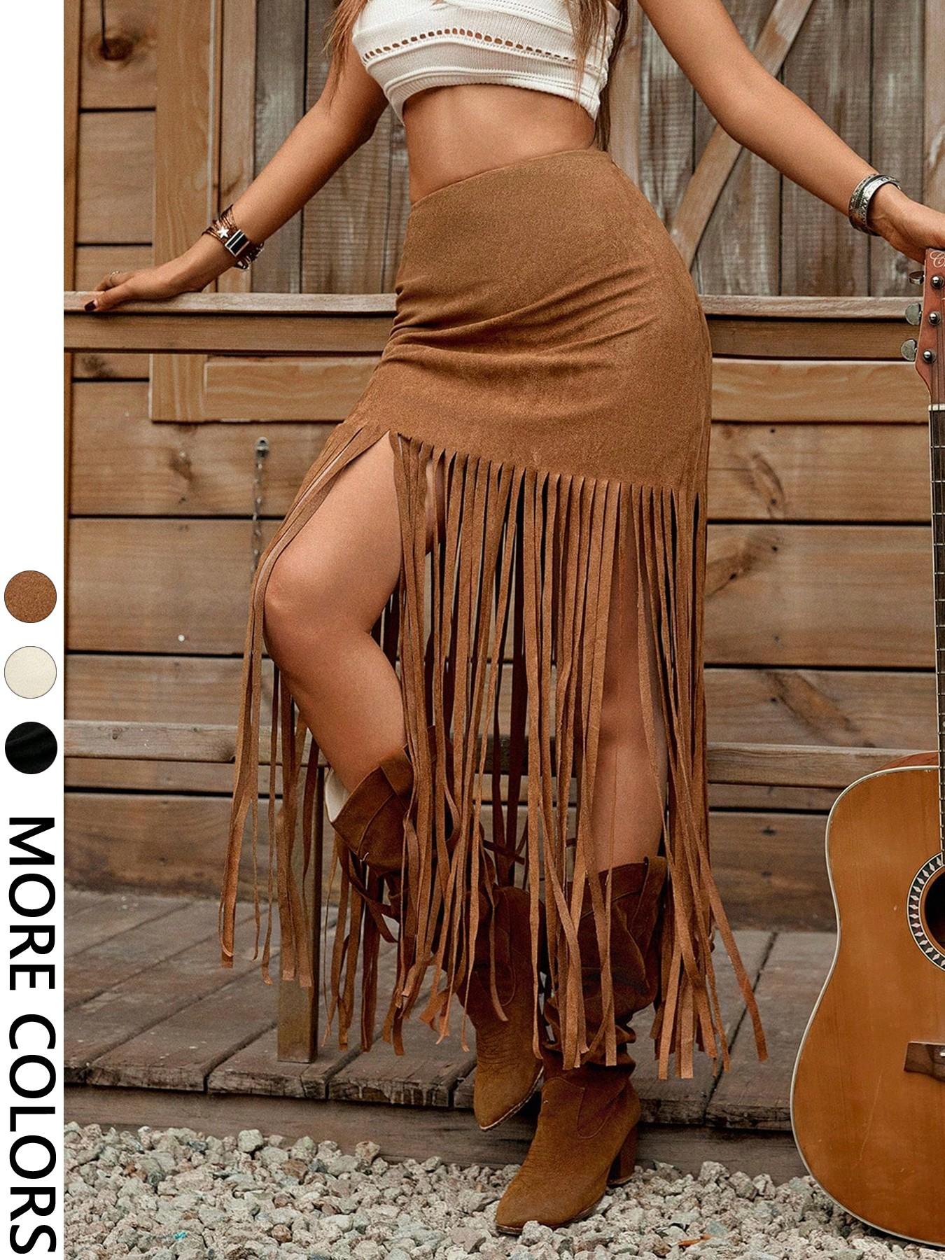 Women's Faux Camel Suede Fringe Hem Mini Skirt, Casual Spring Summer Country Music Festival Wear, Plain Design, A-Line Fit