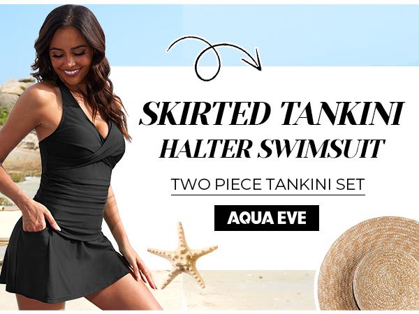 Aqua Eve Women Tankini with Skirt and Pocket Halter Tankini Swimsuit Two Piece Tummy Control Bathing Suit Aqua Eve Women Tankini with Skirt and Pocket Halter Tankini Swimsuit Two Piece Tummy Control Bathing Suit