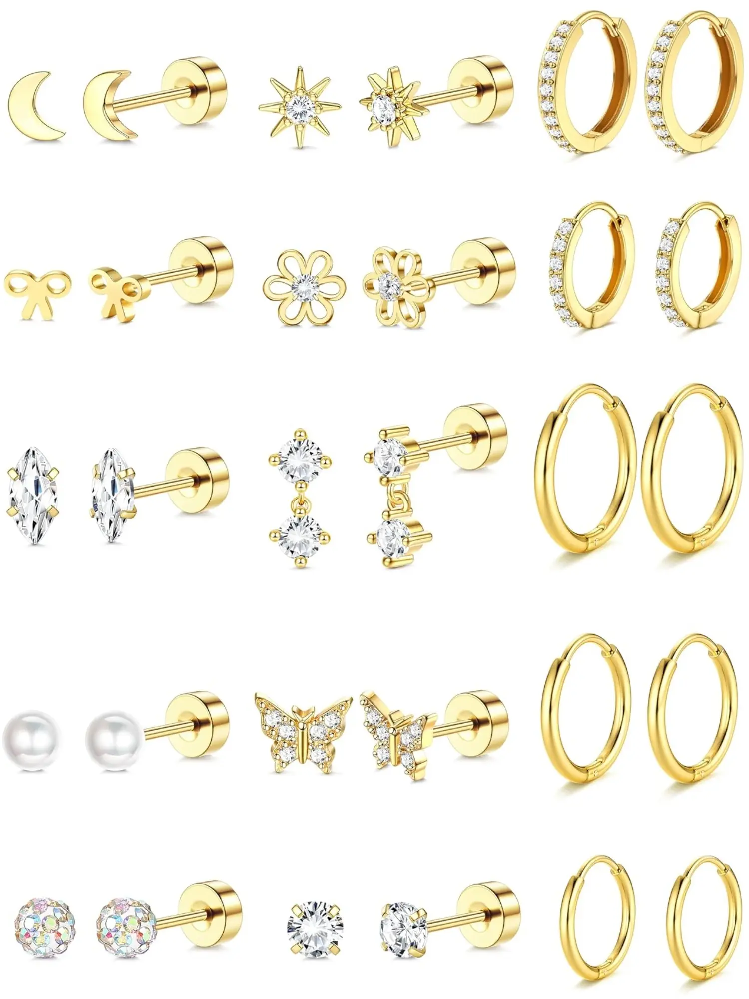 【Biack Friday】15 Pairs 316L Stainless Steel Flatback Earrings for Women Girls 14K Gold Plated Surgery Earrings Cute Earrings Earrings Set Small Huggie Hoops Earrings Stack Trend Jewelry Earring Stacking Set