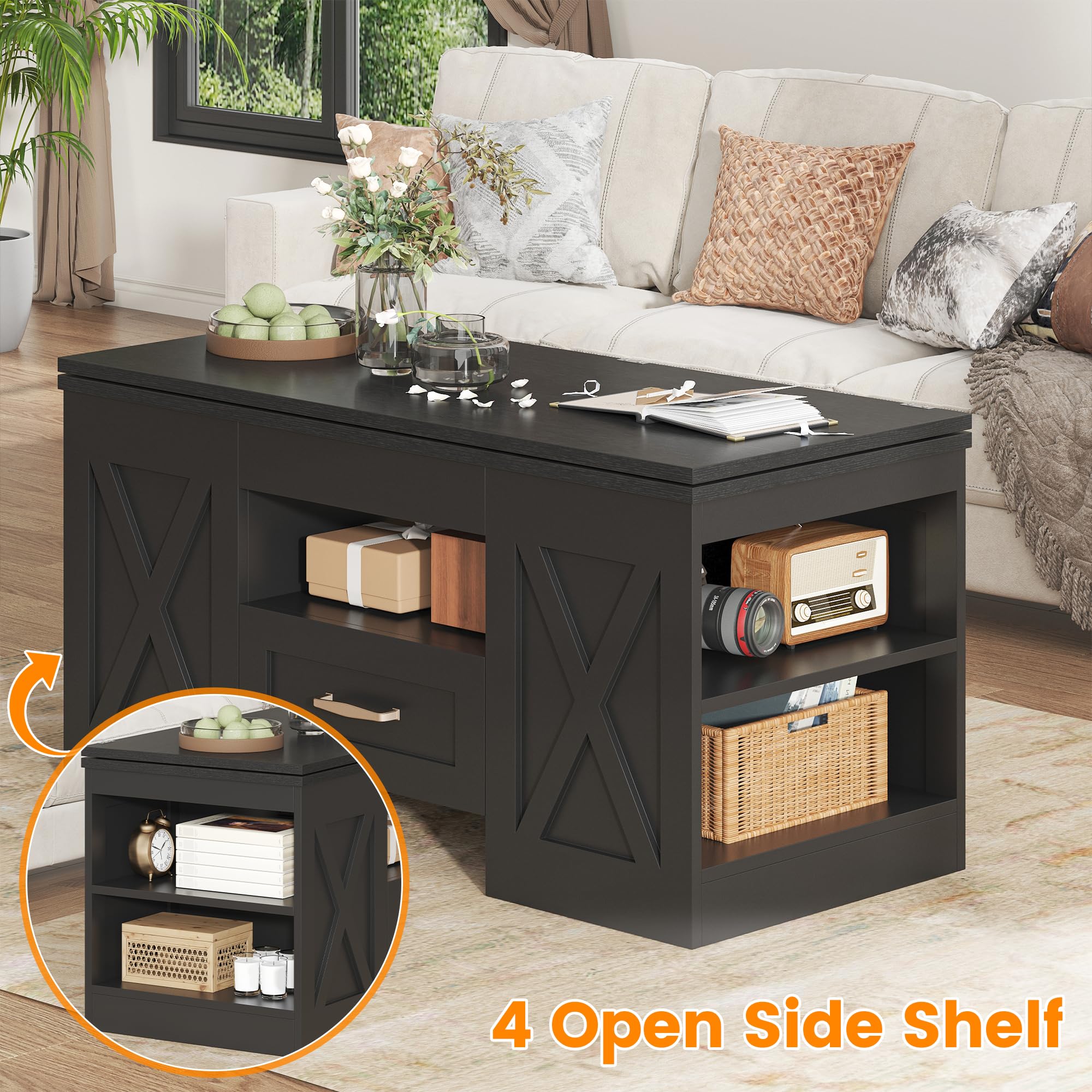 39.37" Large Wooden Farmhouse Coffee Table with Drawer & Open Storage Shelves, Lift Top Coffee Table, Rectangular Living Room Table, Center Table for Living Room, Home Office