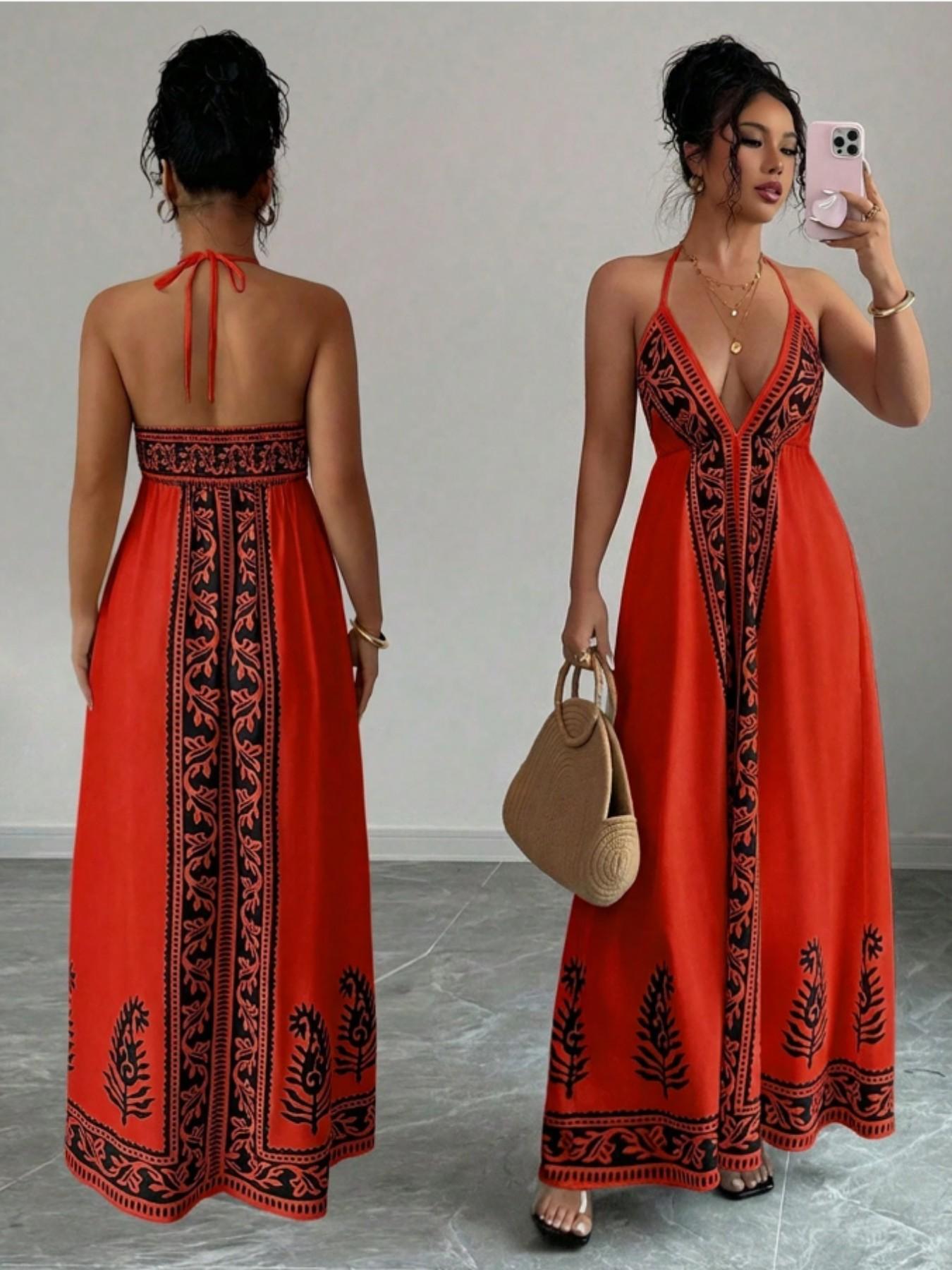 Women's Printed V Neck Dress, Casual Long Sleeve A-Line Dress, Elegant Floral Pattern, Perfect for Spring & Fall Fashion