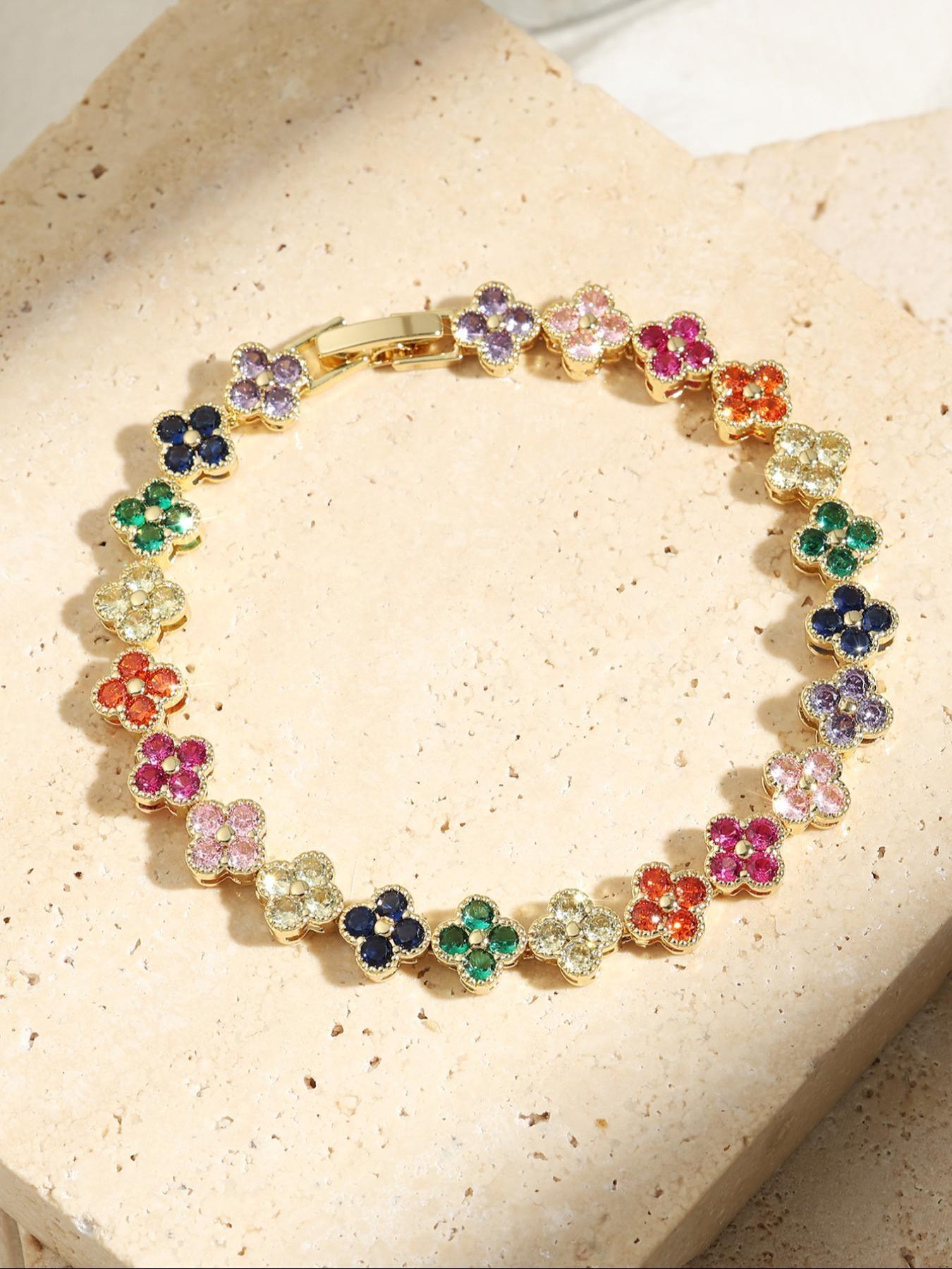 Rainbow Clover Gemstone Bracelet, Elegant Multi-Color Zircon Edge Craft, Perfect for Office/date, High-End Luxury Accessory