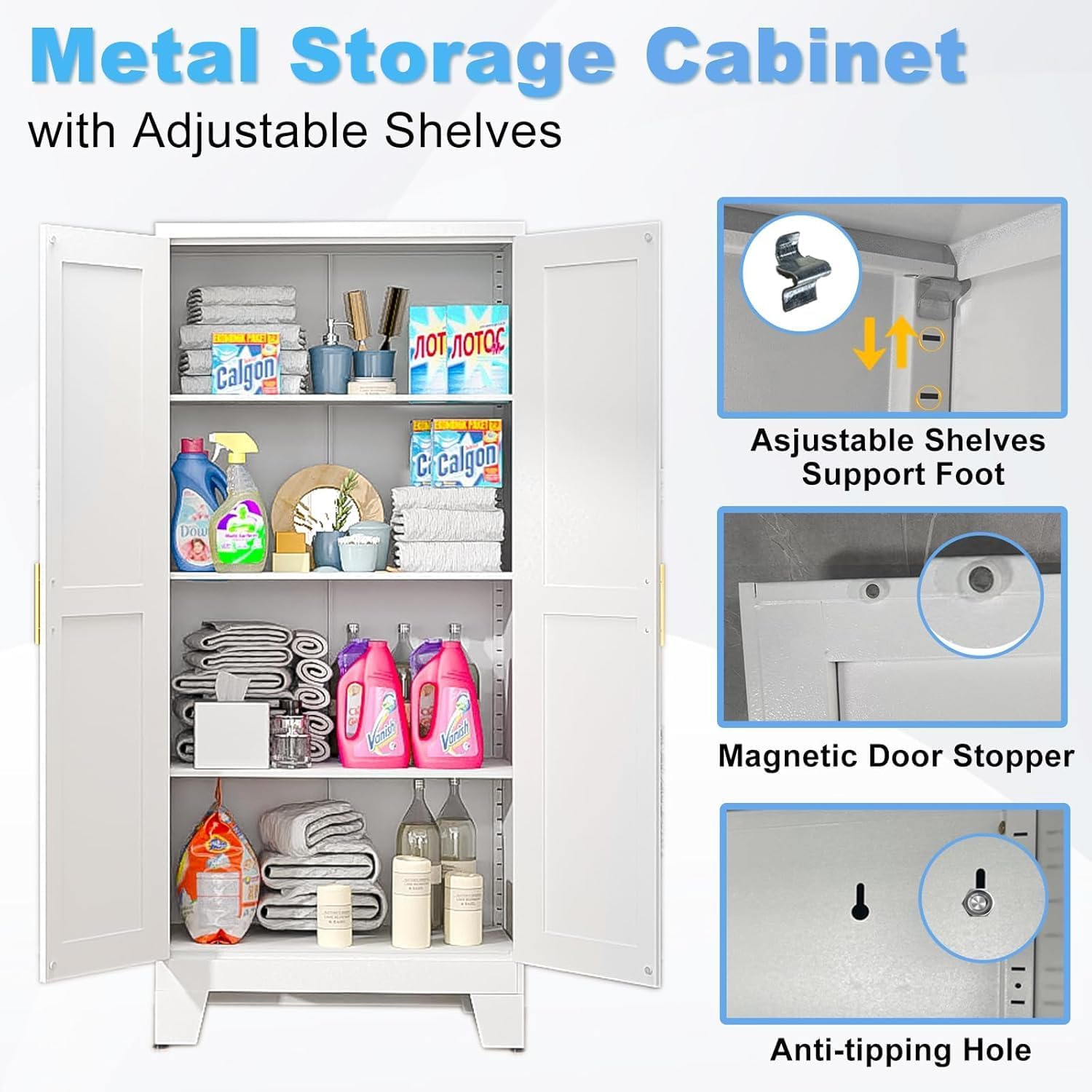Metal Pantry Cabinet with 2 Doors and Adjustable Shelves Available in four sizes: 47"61" 71" 75" Kitchen Storage Cabinet with Gold Handles - Versatile Storage for Kitchen, Bathroom, Dining Room, Utility Room