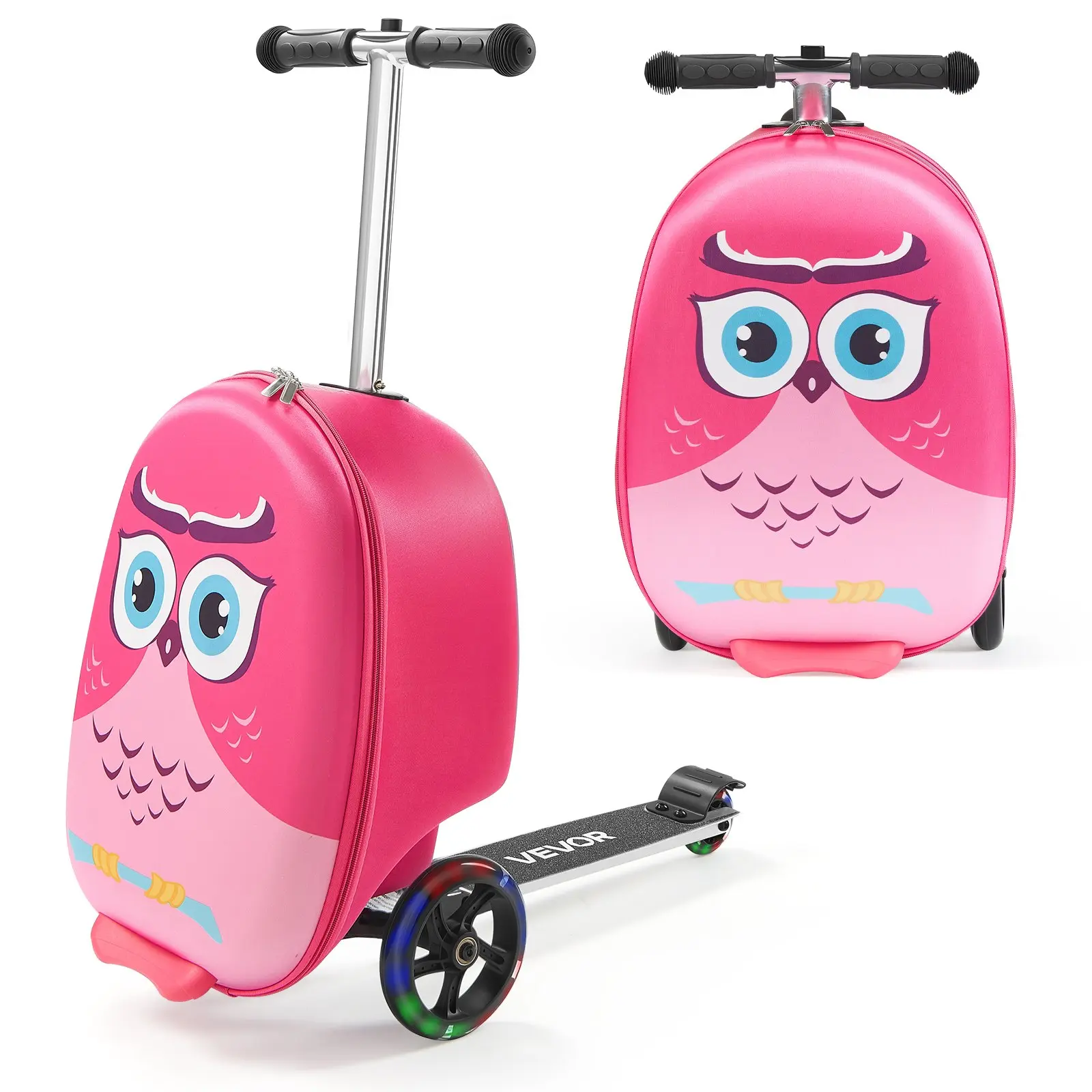 VEVOR Ride-on Luggage, 20 L Capacity, 20 Inches Kids Scooter Suitcase with Flash PU Wheels, Adjustable Handle TPR Non-Slip Grip, Foldable Lightweight Scooter Luggage for Kids Aged 5+, Pink
