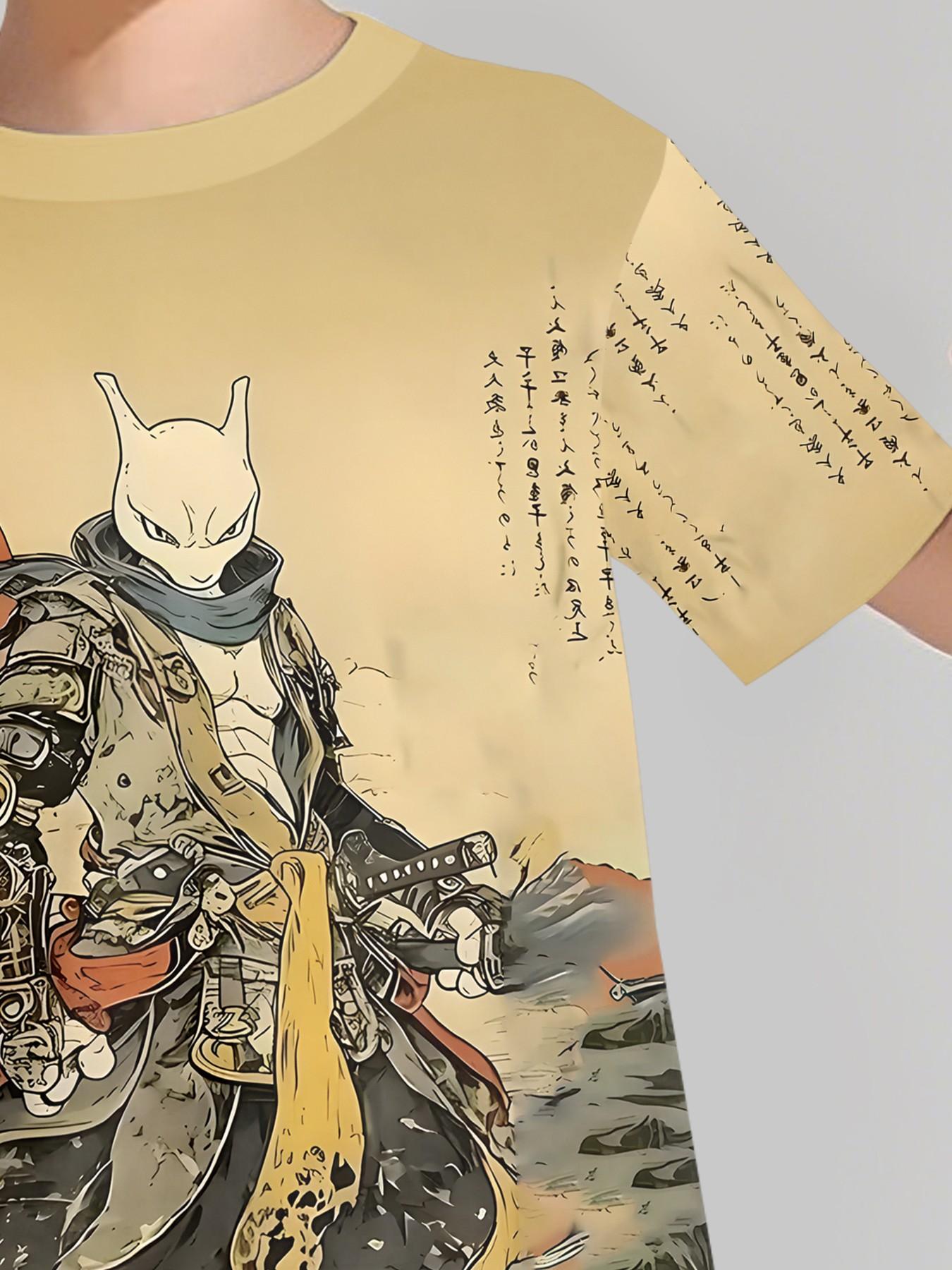 Ukiyo-e Samurai Fox Two-Piece Short Sleeve and Shorts Set, 100% Polyester Casual Loose-Fit Outfit, Fun Printed Patterns for Summer, Outdoor Sports T-Shirt Set, Perfect Gift for Boys