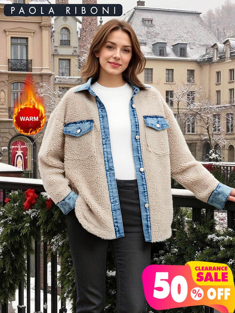 Women's Long Sleeve Loose-Fitting Casual Jacket, Teddy Velvet Patchwork Design, Perfect for Daily Wear & Stylish