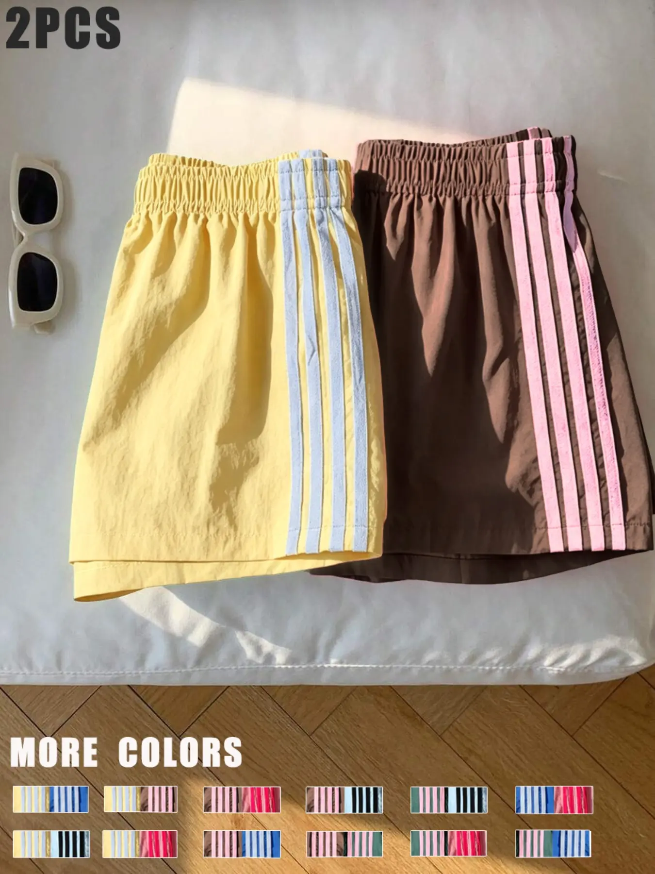 2-Piece Set, Women's American Retro Contrast Stripe Athletic Shorts Lightweight and breathable fabric, elastic waistband design. Summer casual loungewear shorts, loose and vibrant beach shorts. #DopamineDressing