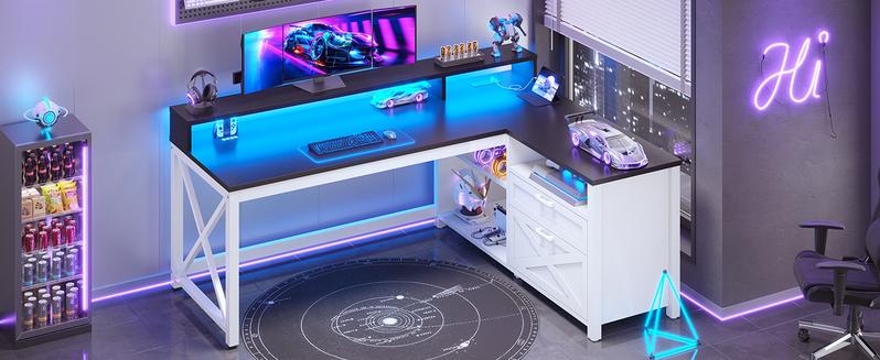 SEDETA L Shaped Gaming Desk, 55" Corner Computer Desk with Drawers, Home Office Desk with Printer Storage Shelves, Monitor Stand and LED Lights Study Organizing