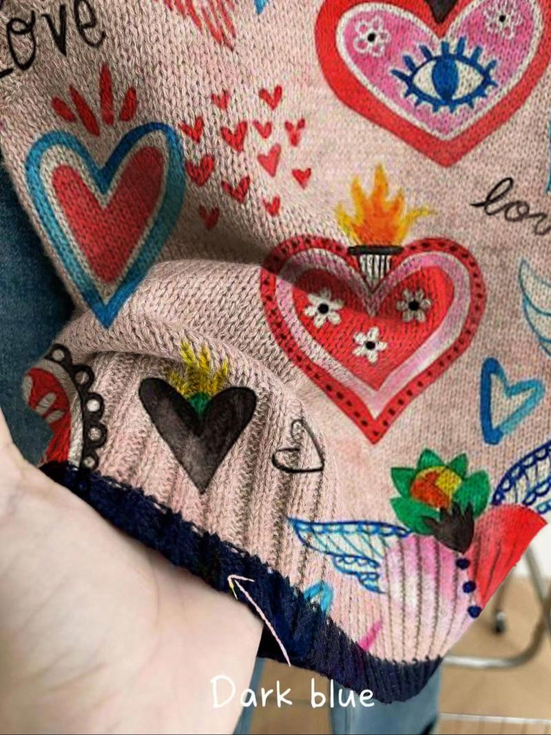 Women's Casual Loose-Fitting Round Neck Sleeveless Knit Top, All-Season Fashion, Heart Print Sleeveless Vests