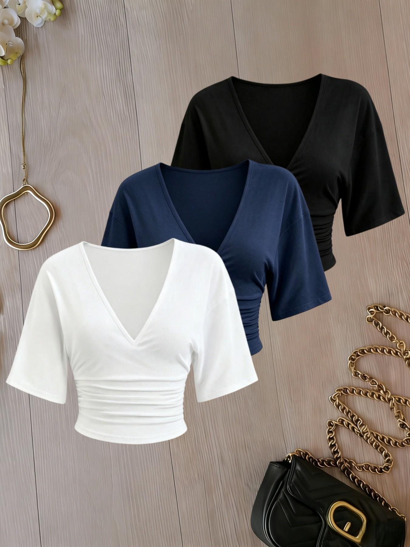 3 Pack Solid Color Ruched Crop Top for Women, Deep V Neck, Three-Quarter Sleeves, Slim Fit, Casual Chic Basic Minimalist T-Shirt