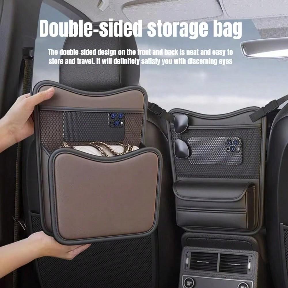 Car Organizer Storage Between Seats, PU Leather Front Seat Storage Bag with Tissue Holder, Automotive Console Hanging Net Pocket Handbag Holder for Phone Document
