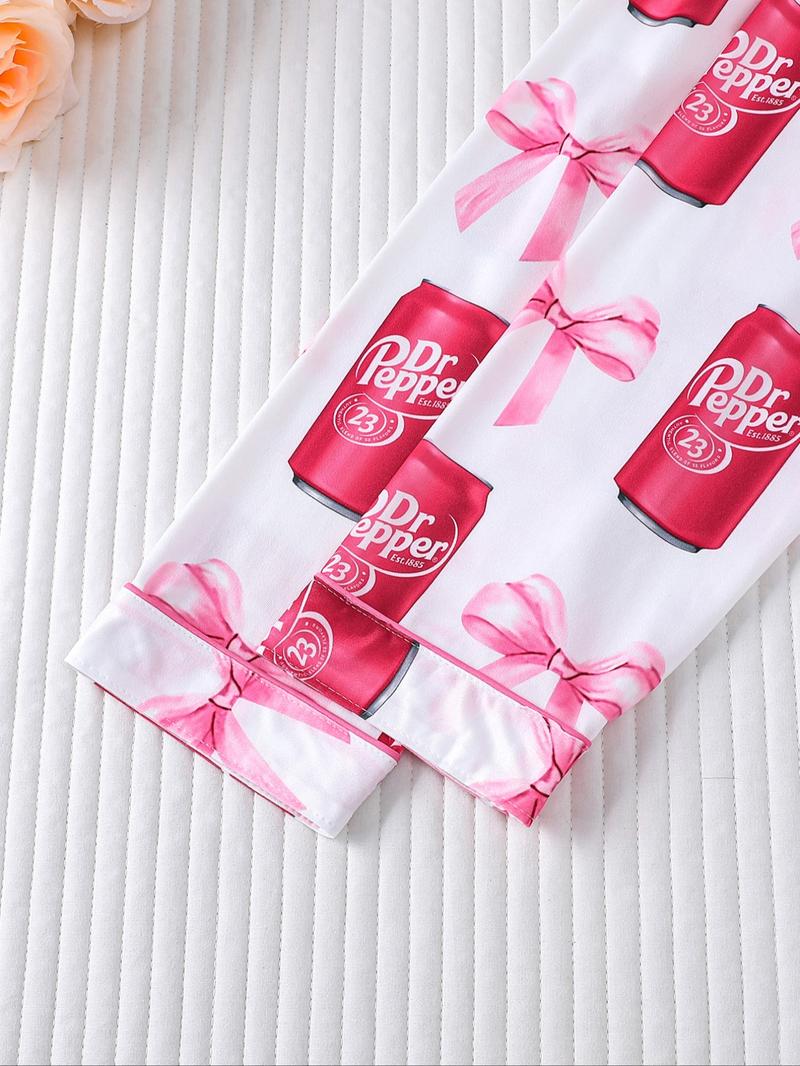 Women's Fall Winter Long Sleeve Sleepwear Set, Casual Soda Print Soft Fabric PJ Set, Comfortable Lapel Top & Wide Leg Pants Women's Fall Winter Long Sleeve Sleepwear Set, Casual Soda Print Soft Fabric PJ Set, Comfortable Lapel Top & Wide Leg Pants