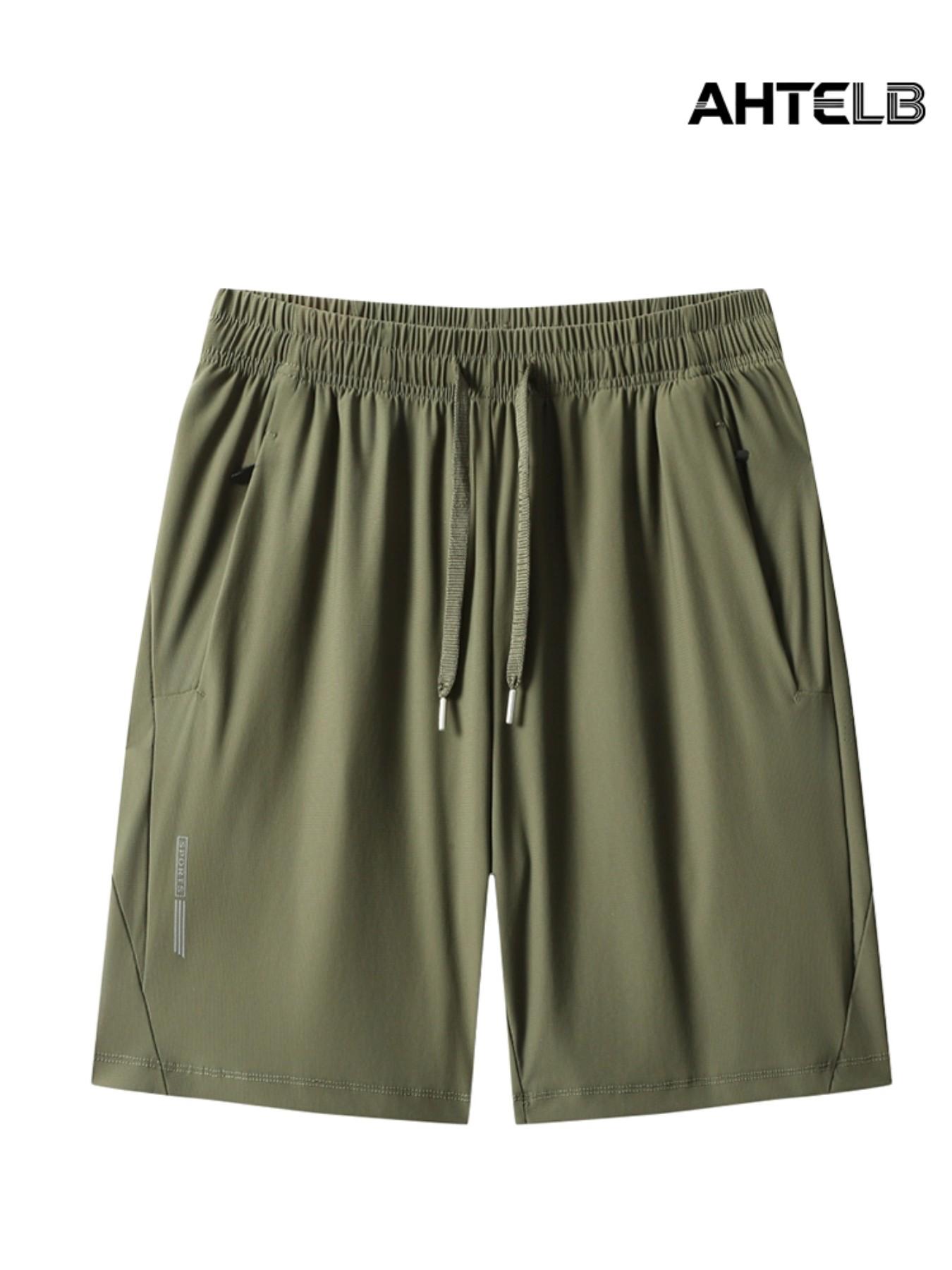 Ahtelb Men's Summer Ice Silk Quick-Dry Shorts, Elastic Drawstring Waist, Hidden Zip Pockets, Lightweight, Casual Athletic Wear