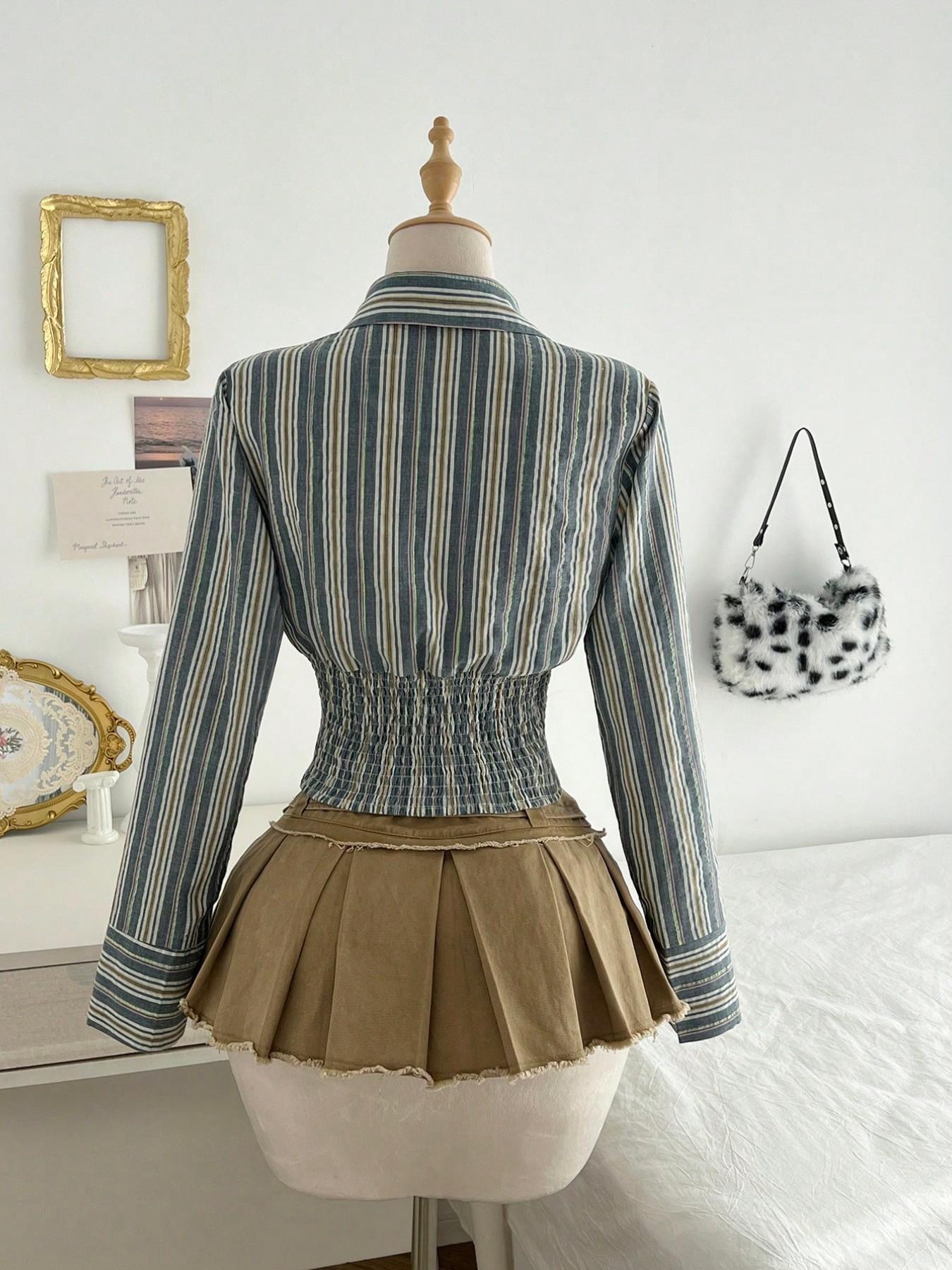 1 Piece  Retro Striped Waist-Cinched Shirt Set | Euro-Hong Kong Style | Deep V Drawstring + Slim-Fit Silhouette | Elegant Pick for Daily Commute / Coffee Dates （only top）