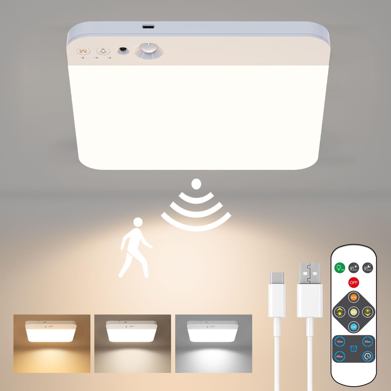 Rechargeable Motion Sensor Ceiling Lights, 4000mAh Battery Operated Lights Indoor with Remote, 3 Color Temperatures in One, Cordless Mount Pir Light for Porch Hallway Cupboard Understairs Bedroom