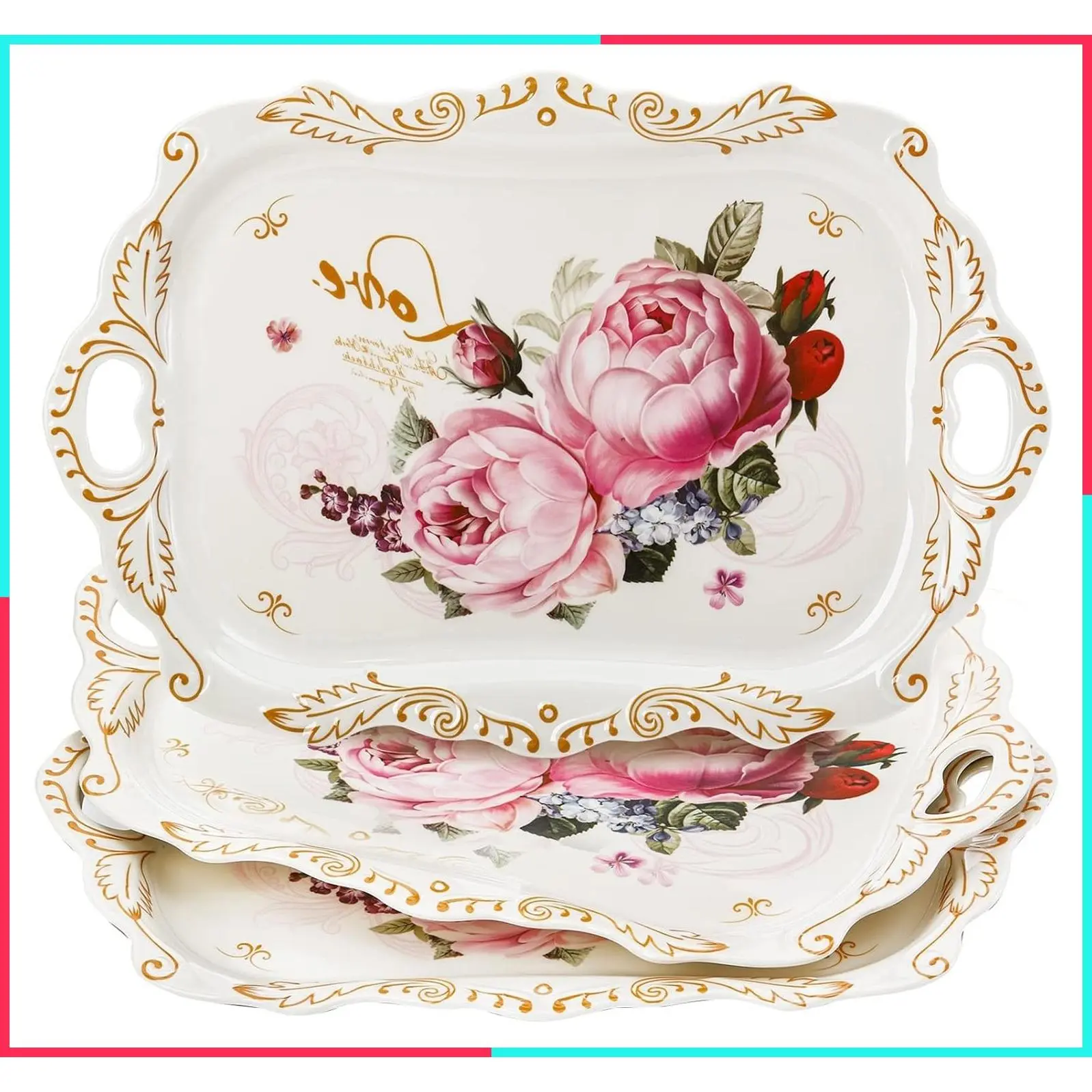 3-Pack Melamine Serving Trays with Handles, Stackable Unbreakable Rectangular Platters, Floral Print, Large 16"L x 11"W for Party, Home, Restaurant, Decor, Gift