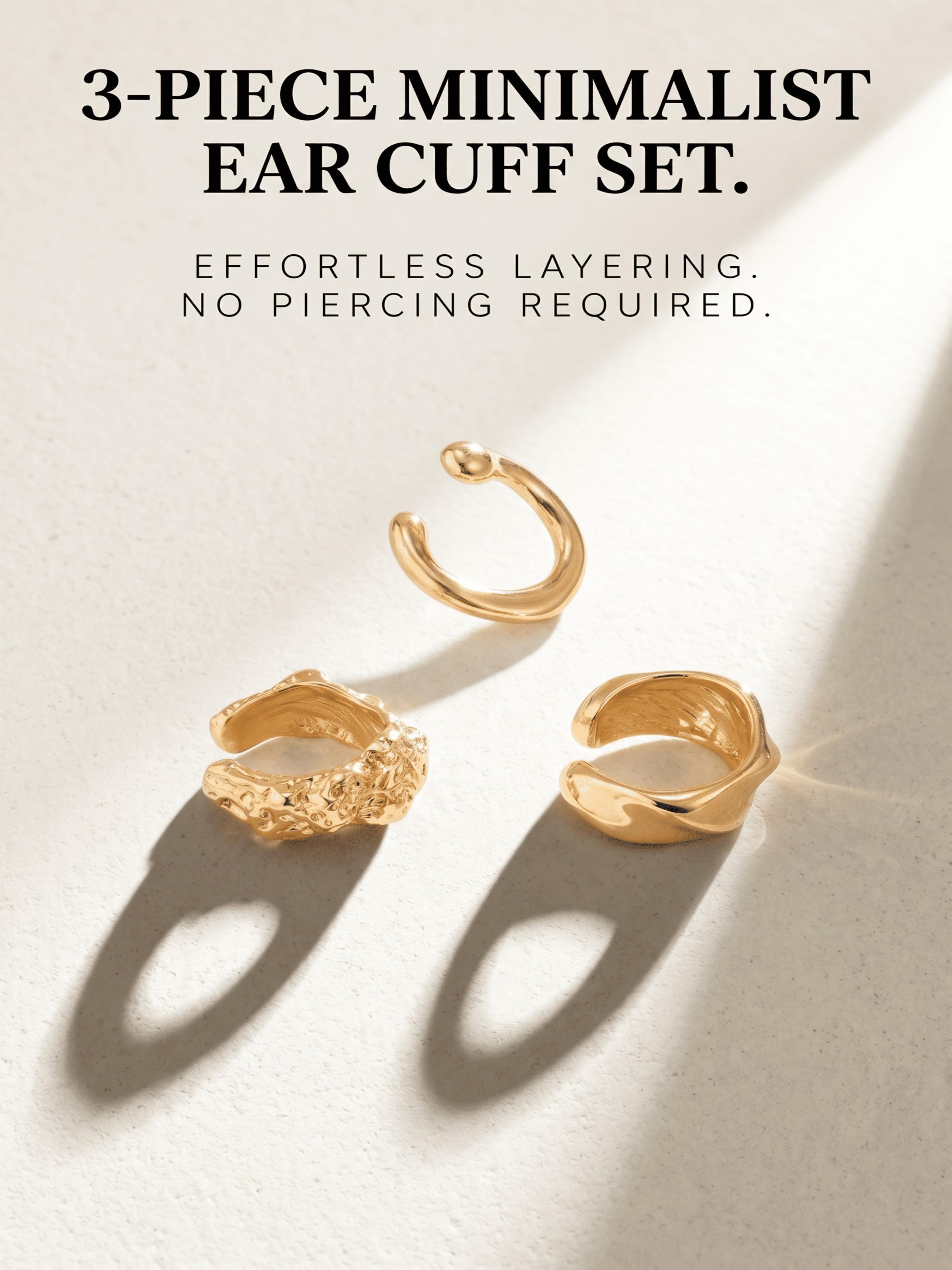 Minimalist Textured 3-Piece Ear Cuff Set | No Piercing Needed | Instantly Build Layered Ear Stack, Effortless Stacking Must-Have