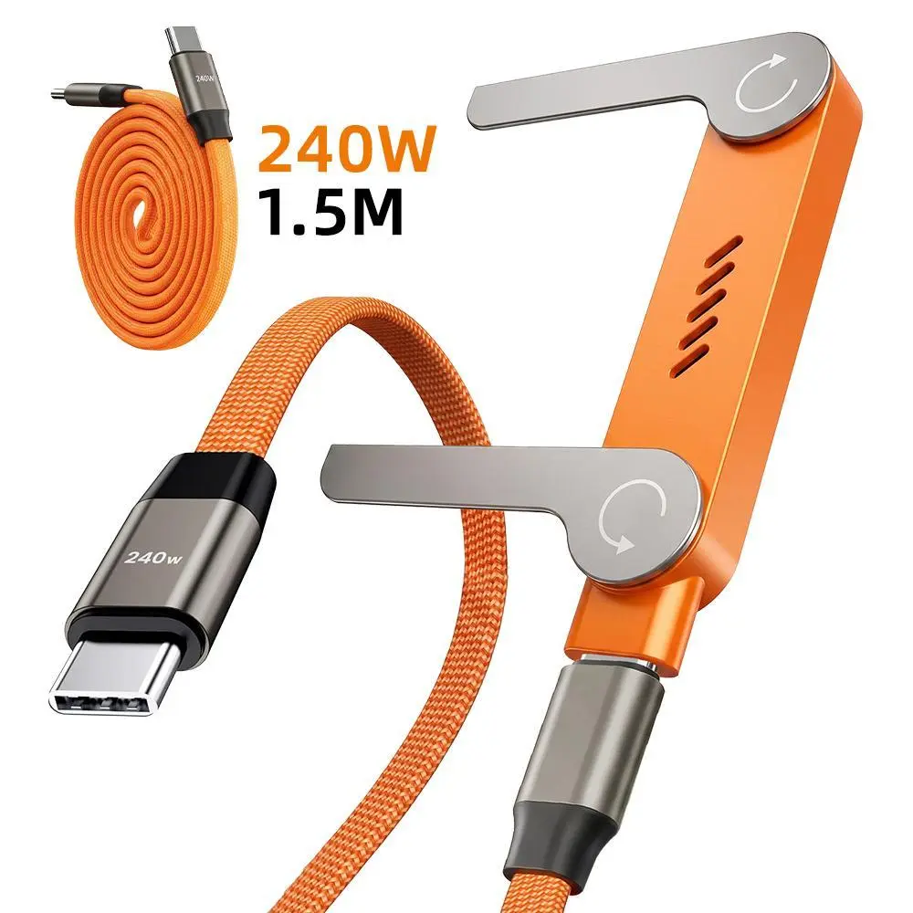 【BackToSchool】240W Power Type-C to Type-C Fast Charging Cable with Folding Phone Stand, 1.5M/5ft Braided Nylon Cord, Angled L-Shape Gamer Connector, 480Mbps Data Transfer, Durable Fast Charging Supported Cable for iPhone 15, MacBook, iPad, Samsung Devices
