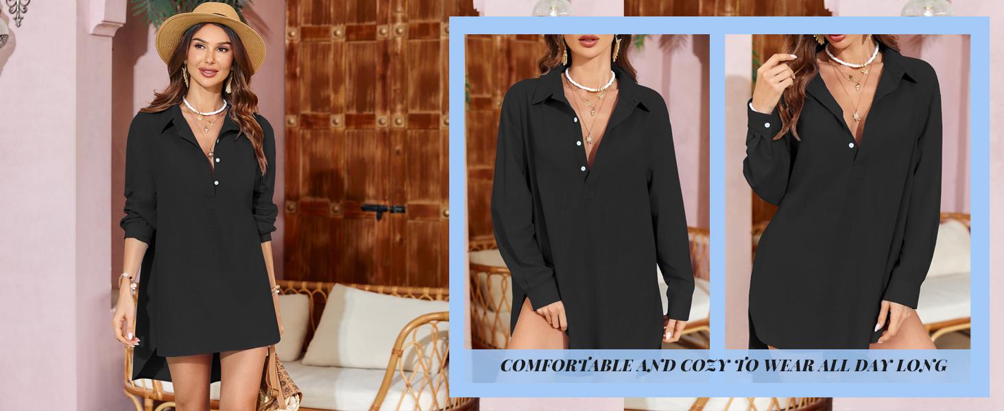 Tankaneo Womens Cotton Linen Tunic Shirts Button Down Long Sleeve Blouse Tops Beach Cover Up