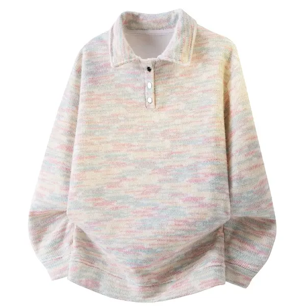 Soft Macaron-Colored Mixed Yarn Polo Knit Sweater For Men, Gradient Mixed-Color Textured Casual Long-Sleeve Pullover Top, Unisex Casual Sweater In A Relaxed Style#Sohochic
