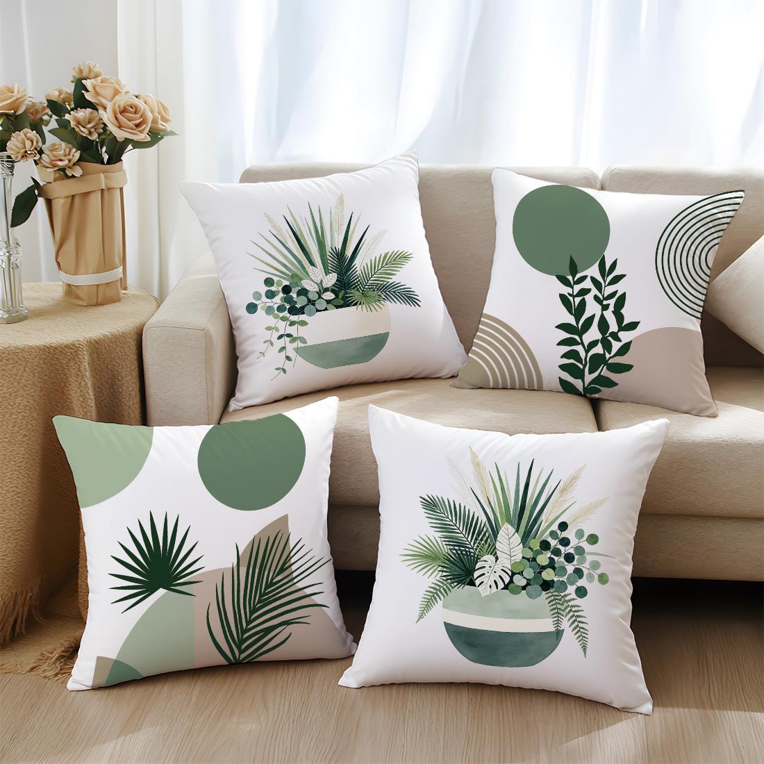 4-Pack Simple Plant Illustration Pillow Covers, Single-Sided Print, Home Decor for Living Room Bedroom, No Insert Included